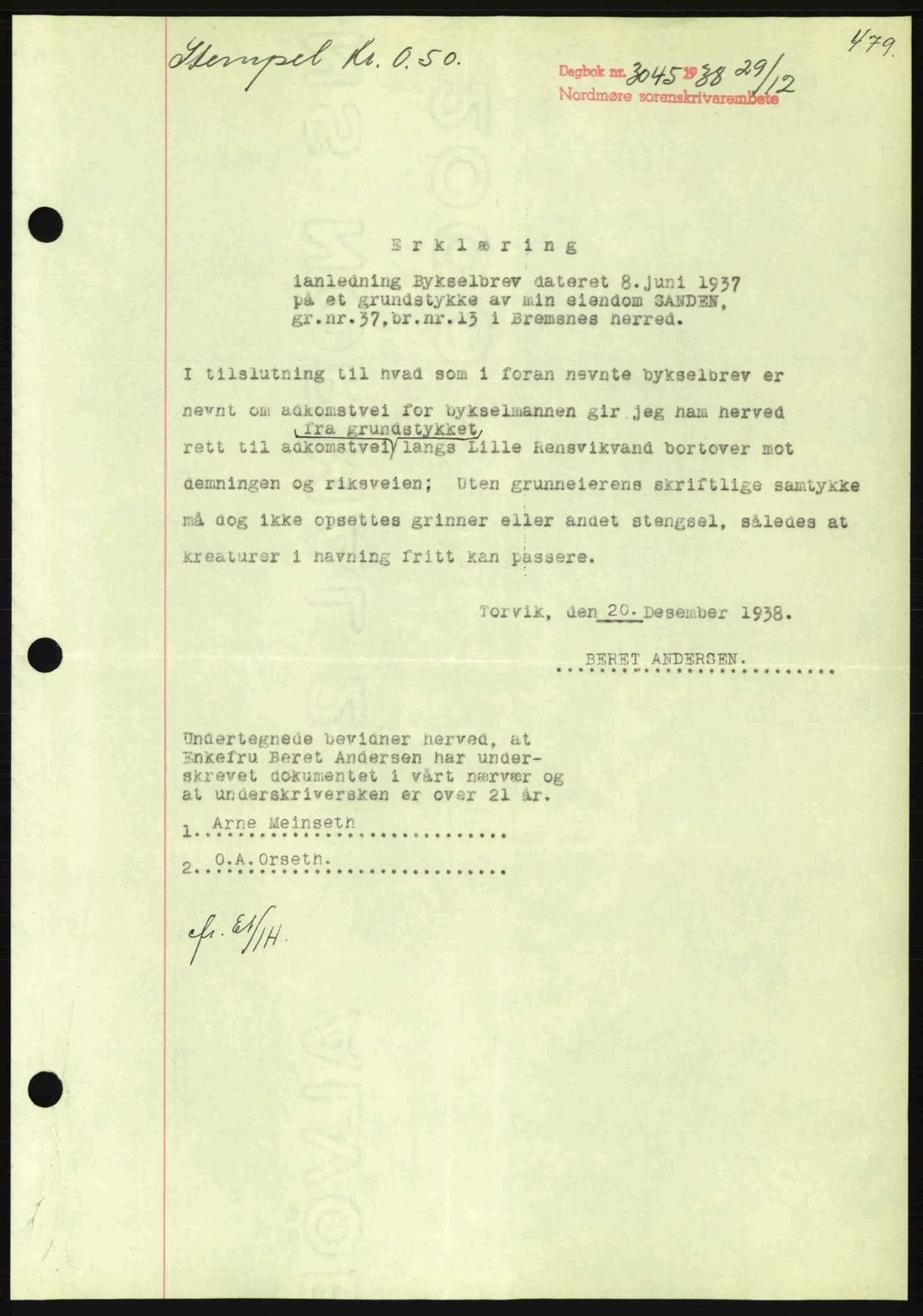Nordmøre sorenskriveri, SAT/A-4132/1/2/2Ca: Mortgage book no. B84, 1938-1939, Diary no: : 3045/1938