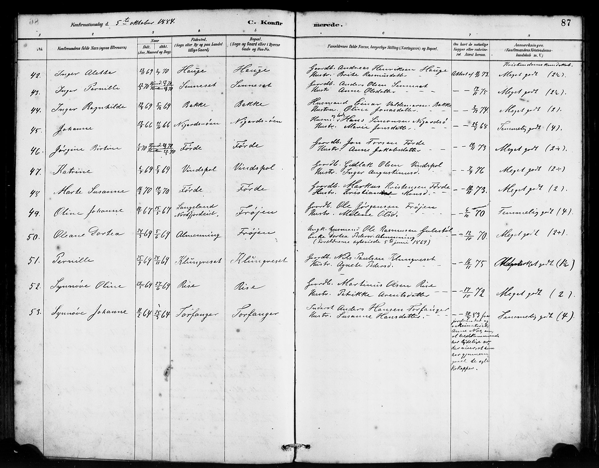 Bremanger sokneprestembete, AV/SAB-A-82201/H/Haa/Haab/L0001: Parish register (official) no. B 1, 1884-1895, p. 87