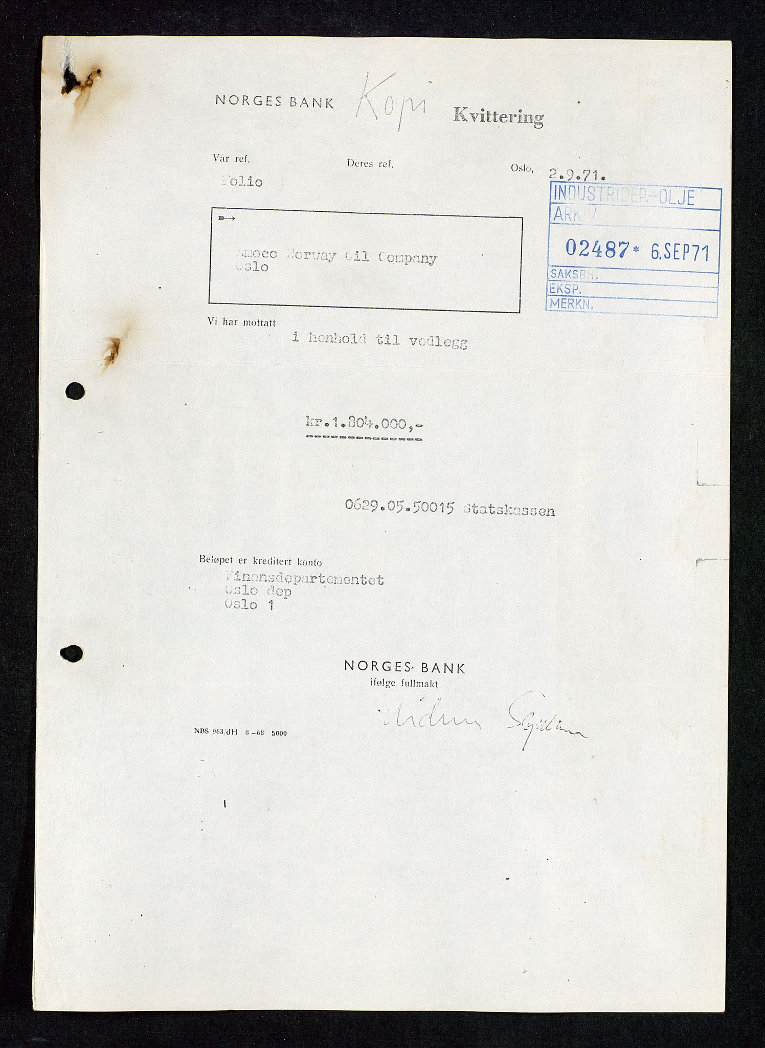 Industridepartementet, Oljekontoret, AV/SAST-A-101348/Da/L0004: Arkivnøkkel 711 - 712 Utvinningstillatelser, 1970-1971, p. 66