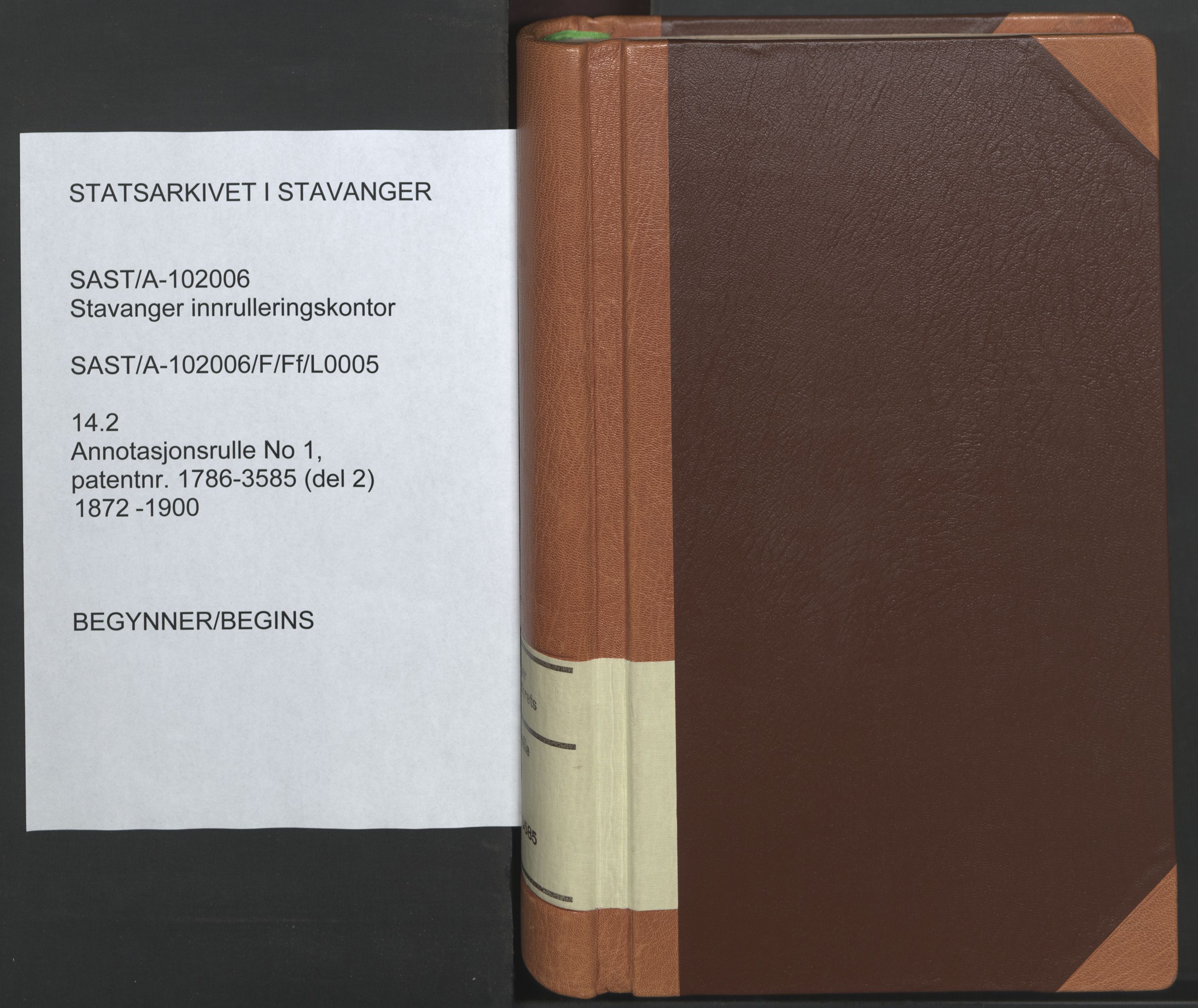 Stavanger sjømannskontor, SAST/A-102006/F/Ff/L0005: Annotasjonsrulle No 1, patentnr. 1786-3585 (del 2), 1872-1900, p. 1