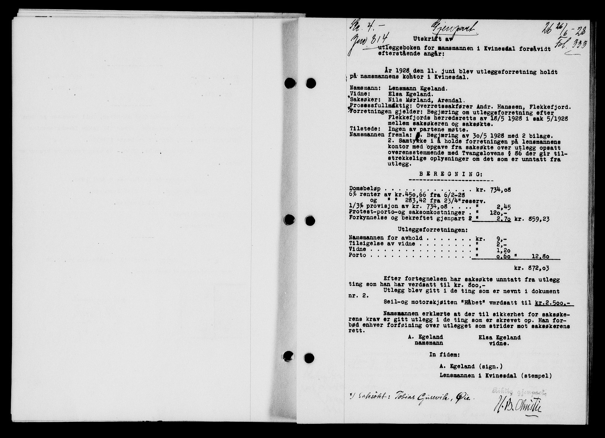 Flekkefjord sorenskriveri, SAK/1221-0001/G/Gb/Gba/L0044: Mortgage book no. 42, 1928-1929, Deed date: 26.06.1928