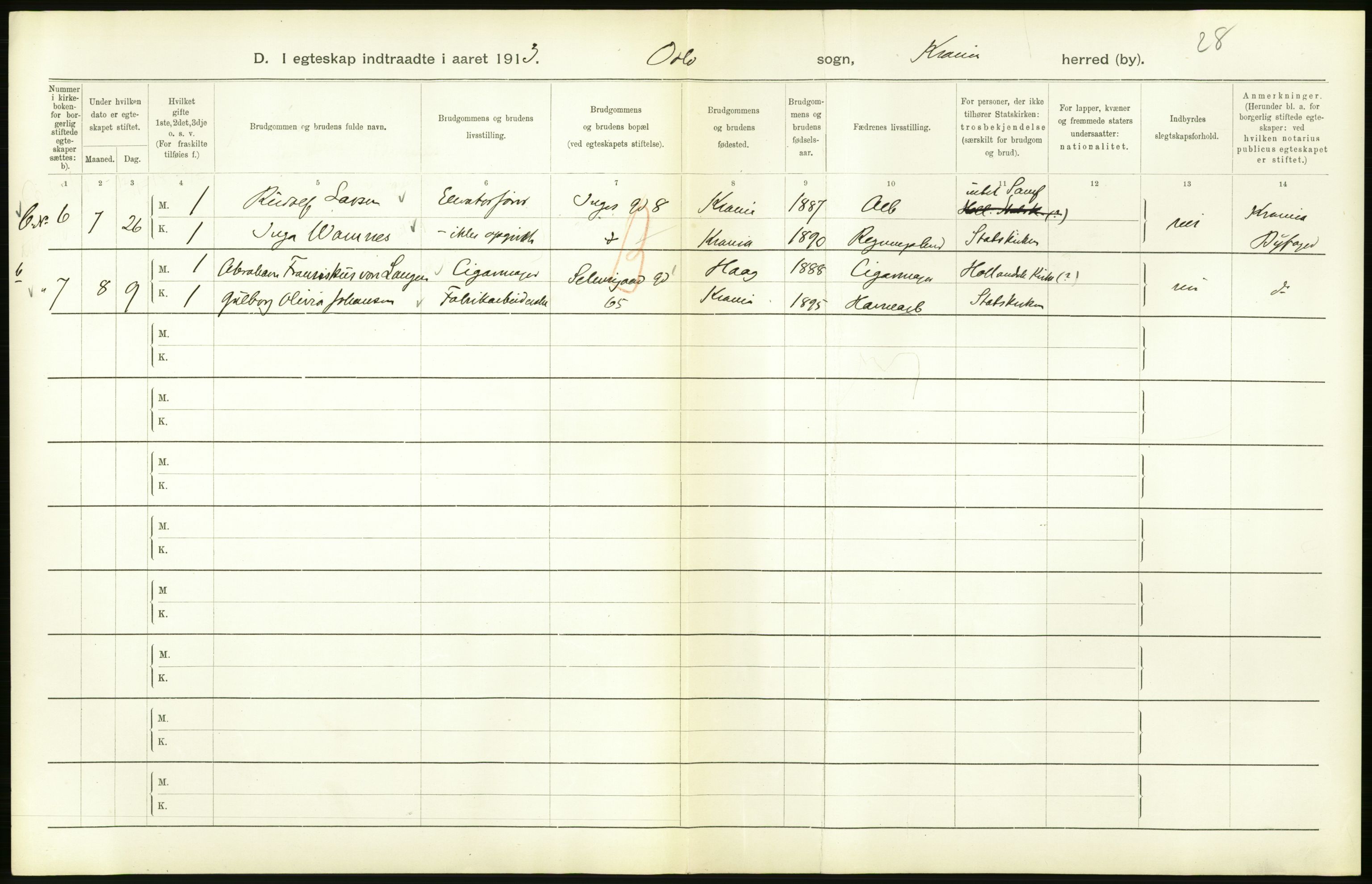 Statistisk sentralbyrå, Sosiodemografiske emner, Befolkning, RA/S-2228/D/Df/Dfb/Dfbc/L0008: Kristiania: Gifte., 1913, p. 98