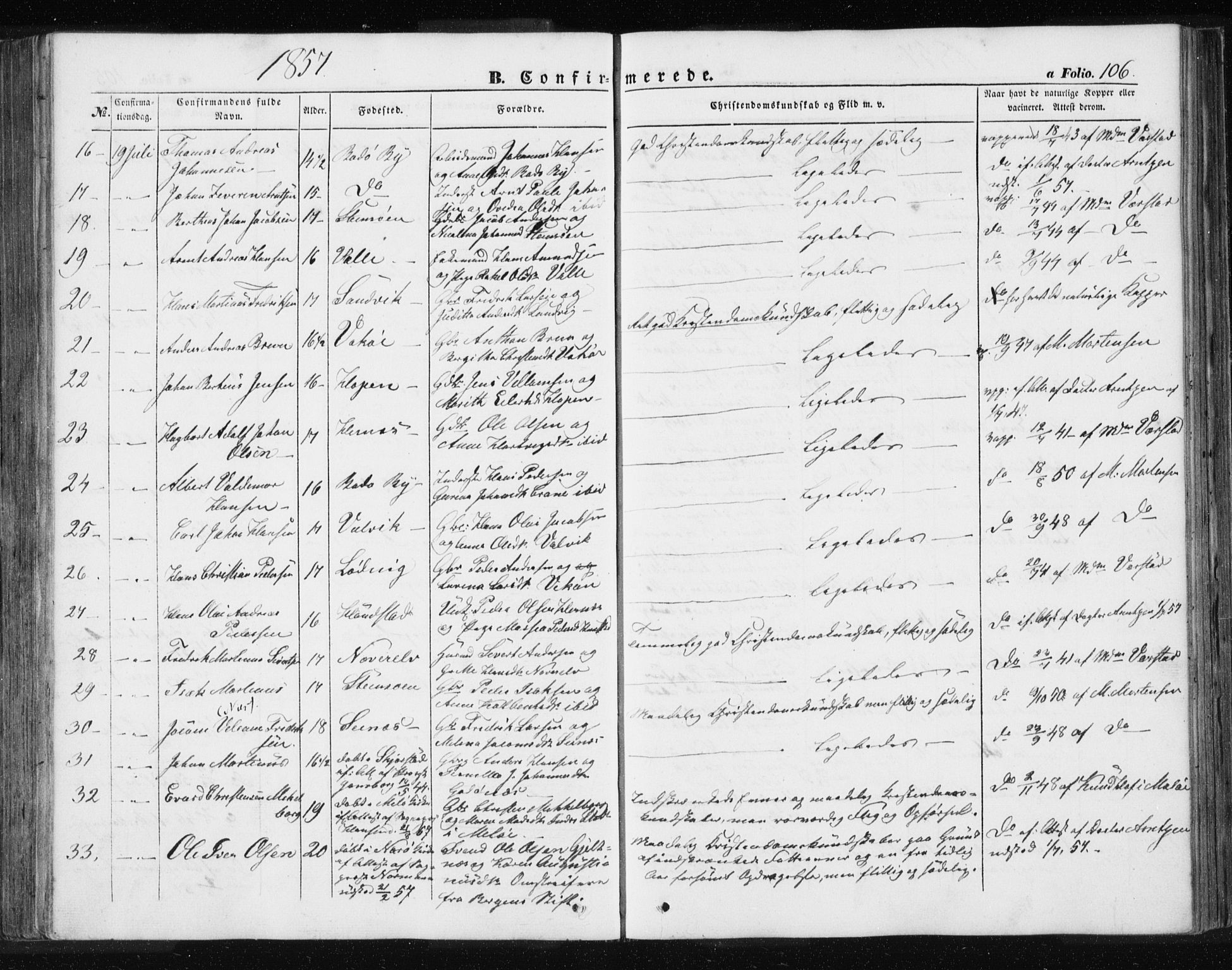 Ministerialprotokoller, klokkerbøker og fødselsregistre - Nordland, AV/SAT-A-1459/801/L0028: Parish register (copy) no. 801C03, 1855-1867, p. 106