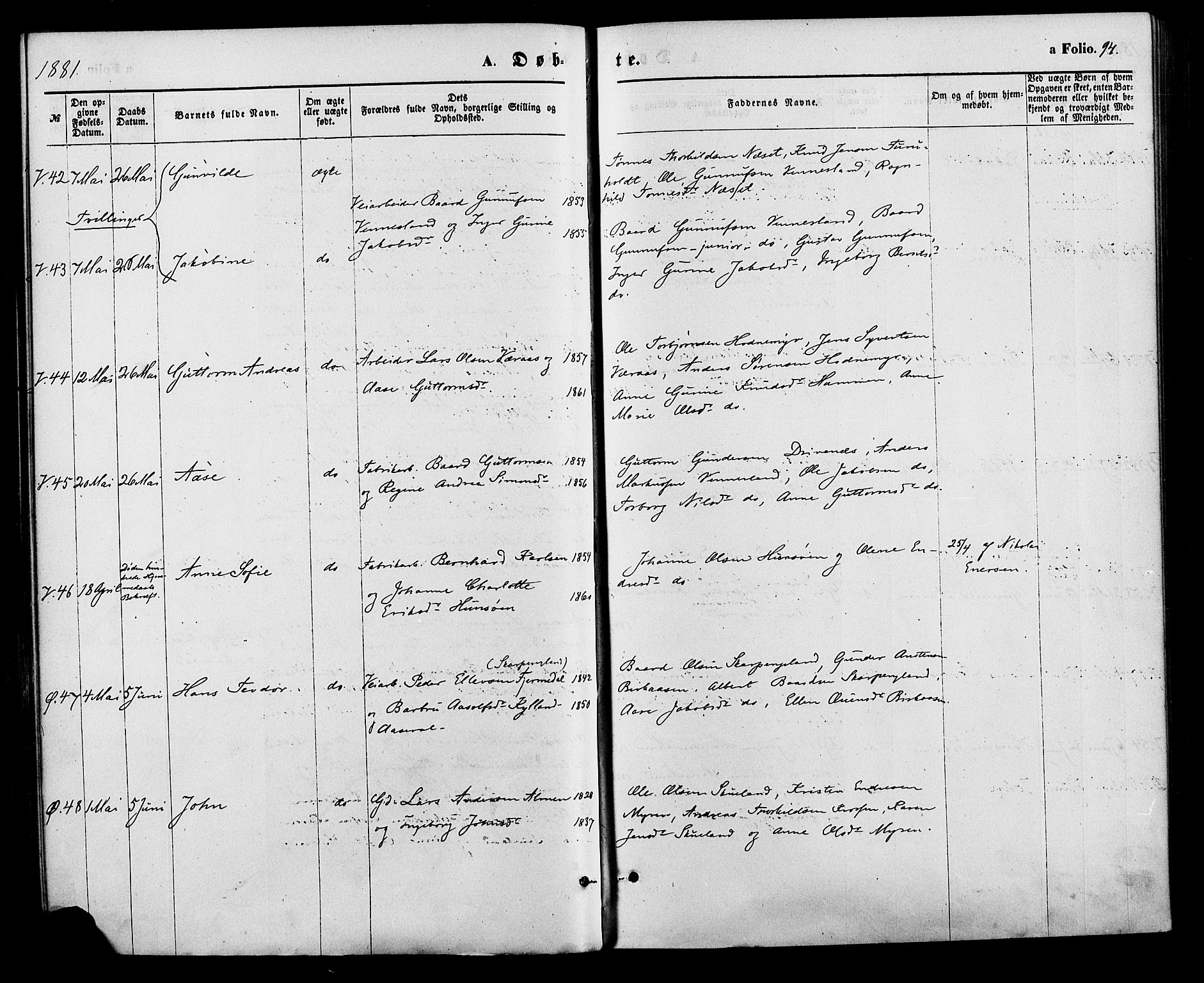 Vennesla sokneprestkontor, AV/SAK-1111-0045/Fa/Fac/L0008: Parish register (official) no. A 8, 1874-1883, p. 94