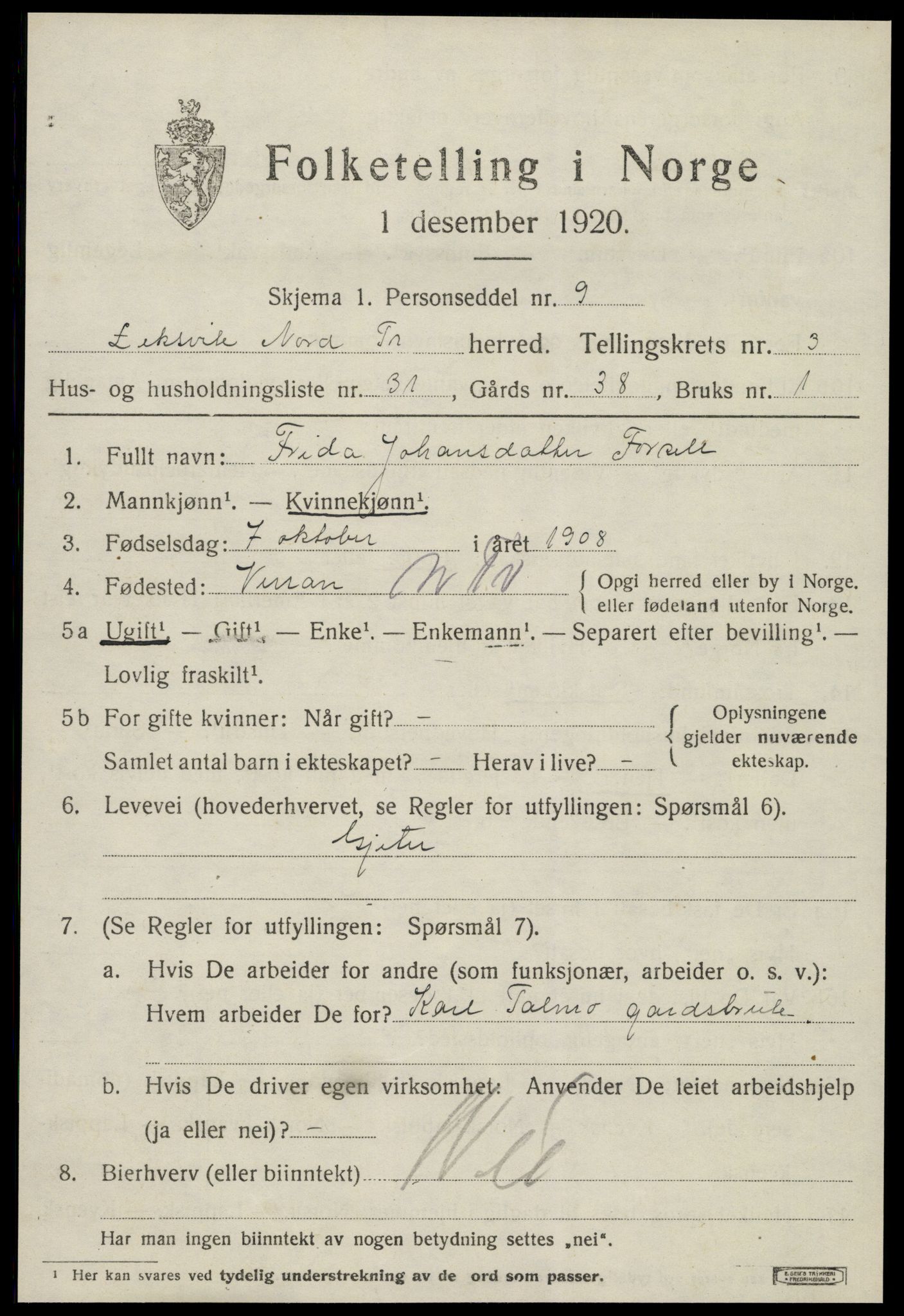 SAT, 1920 census for Leksvik, 1920, p. 3274