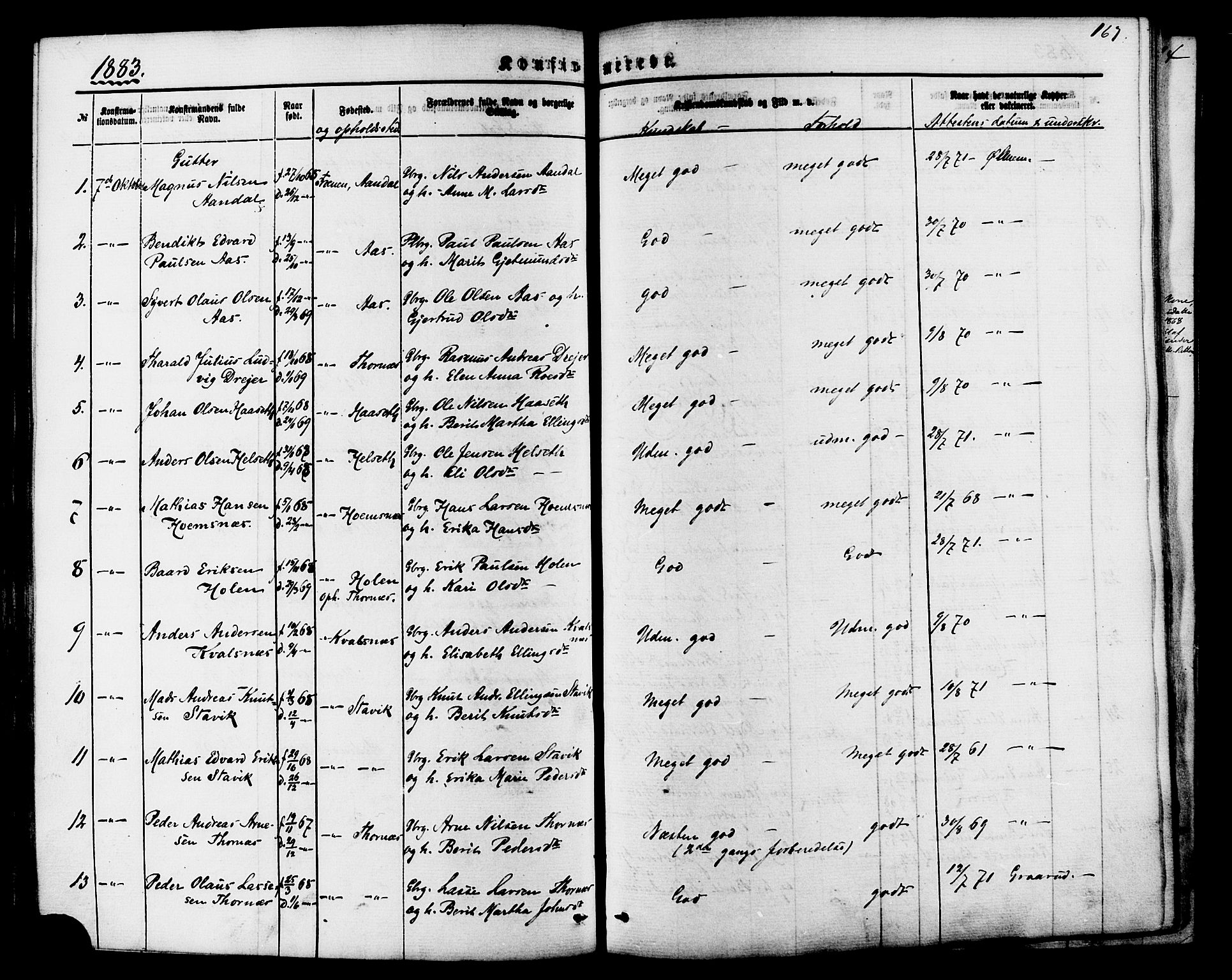 Ministerialprotokoller, klokkerbøker og fødselsregistre - Møre og Romsdal, SAT/A-1454/565/L0749: Parish register (official) no. 565A03, 1871-1886, p. 167