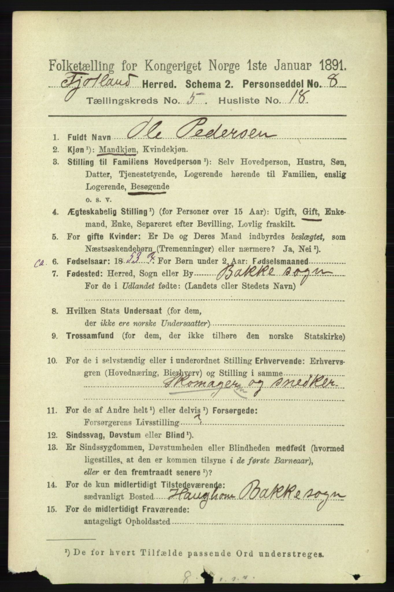 RA, 1891 census for 1036 Fjotland, 1891, p. 833