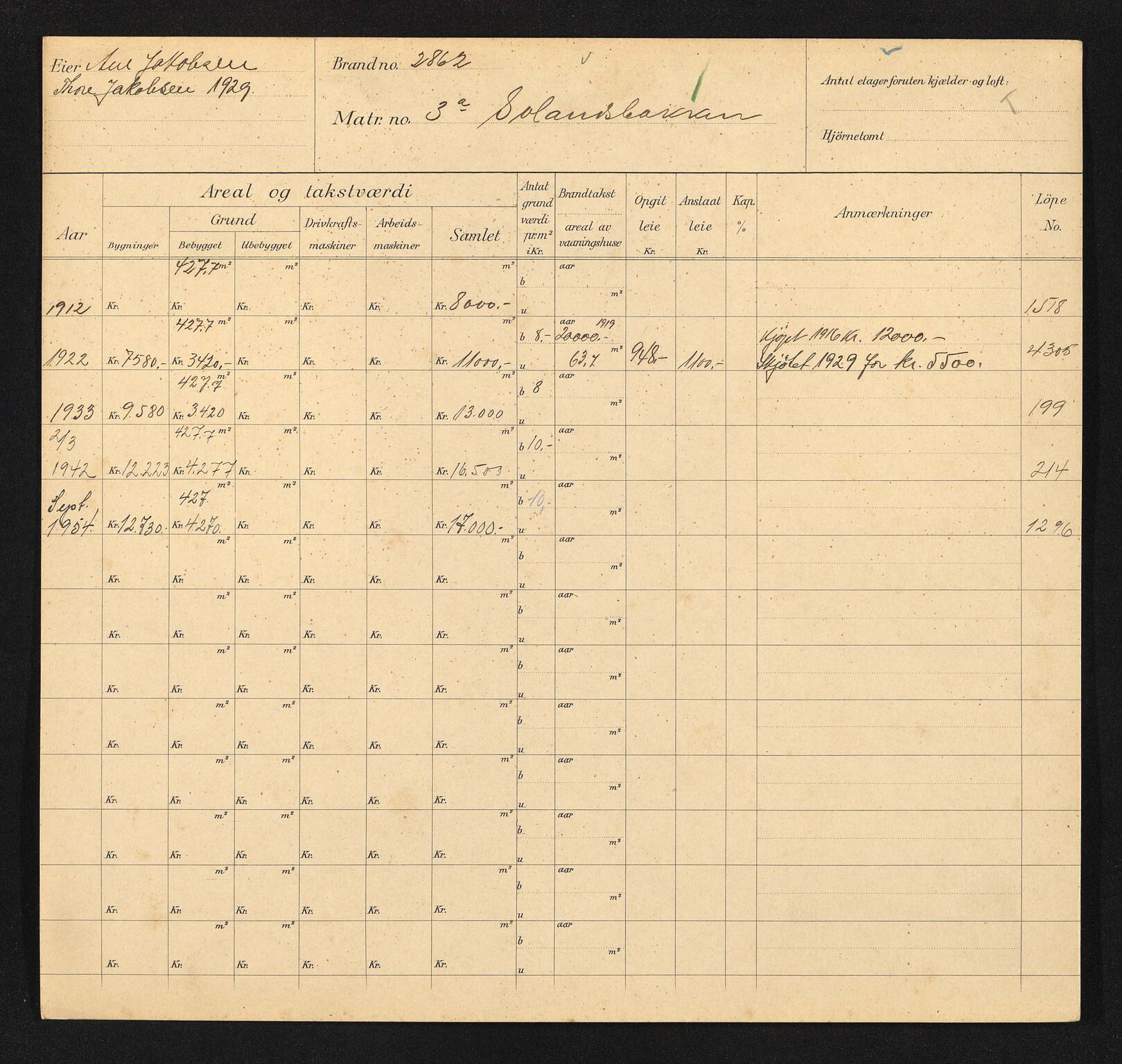 Stavanger kommune. Skattetakstvesenet, BYST/A-0440/F/Fa/Faa/L0039/0007: Skattetakstkort / Solagata 20 - Solandsbakken 39