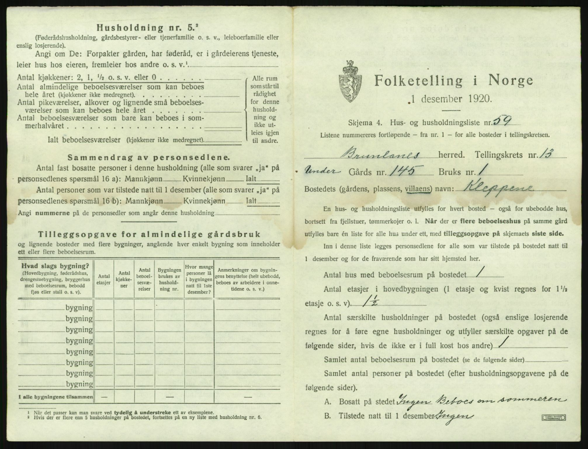 SAKO, 1920 census for Brunlanes, 1920, p. 1867
