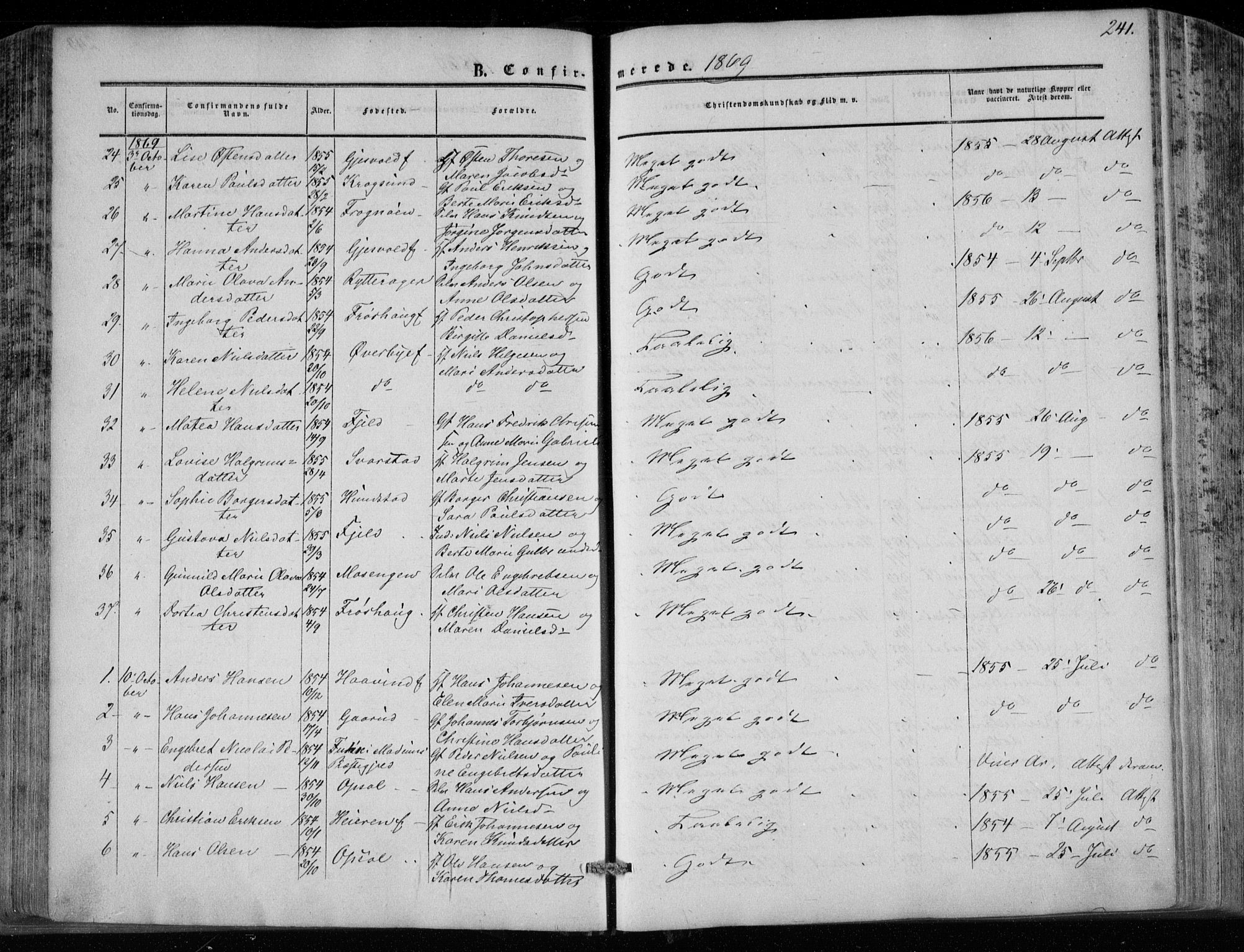 Hole kirkebøker, SAKO/A-228/F/Fa/L0006: Parish register (official) no. I 6, 1852-1872, p. 241