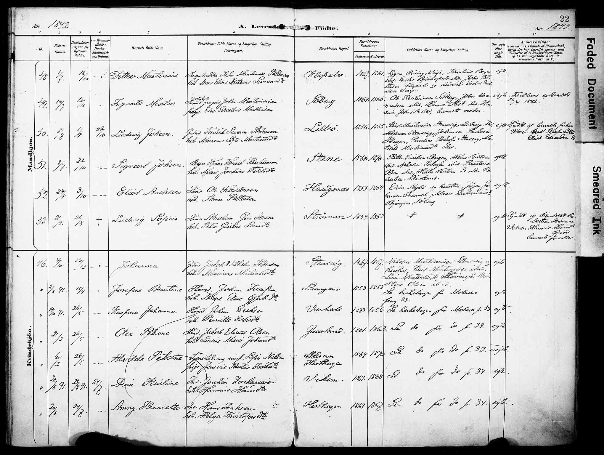 Ministerialprotokoller, klokkerbøker og fødselsregistre - Nordland, SAT/A-1459/891/L1303: Parish register (official) no. 891A08, 1891-1894, p. 22