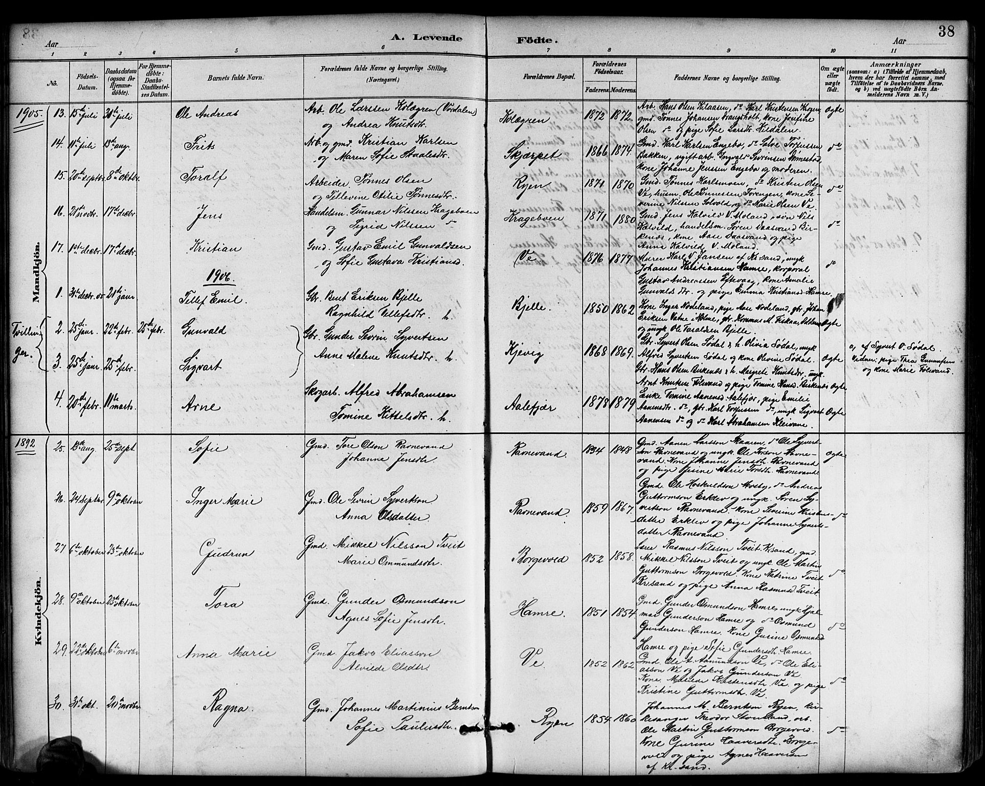 Tveit sokneprestkontor, AV/SAK-1111-0043/F/Fb/L0004: Parish register (copy) no. B 4, 1887-1914, p. 38