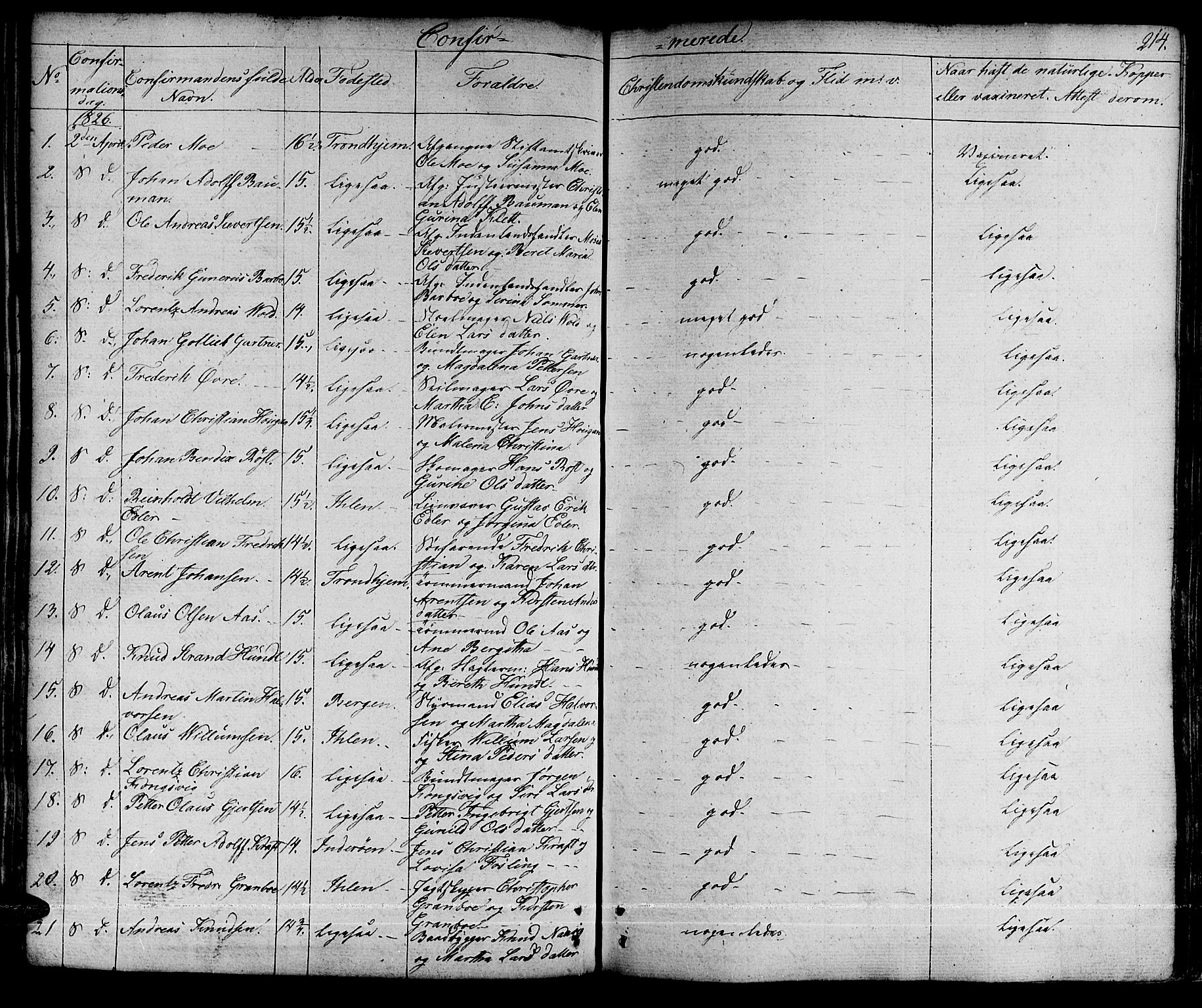 Ministerialprotokoller, klokkerbøker og fødselsregistre - Sør-Trøndelag, AV/SAT-A-1456/601/L0045: Parish register (official) no. 601A13, 1821-1831, p. 214