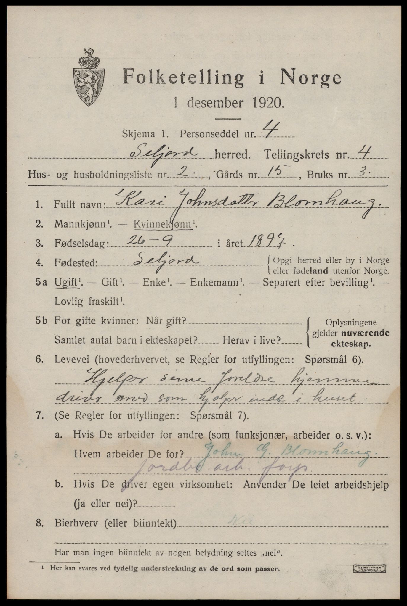 SAKO, 1920 census for Seljord, 1920, p. 2108