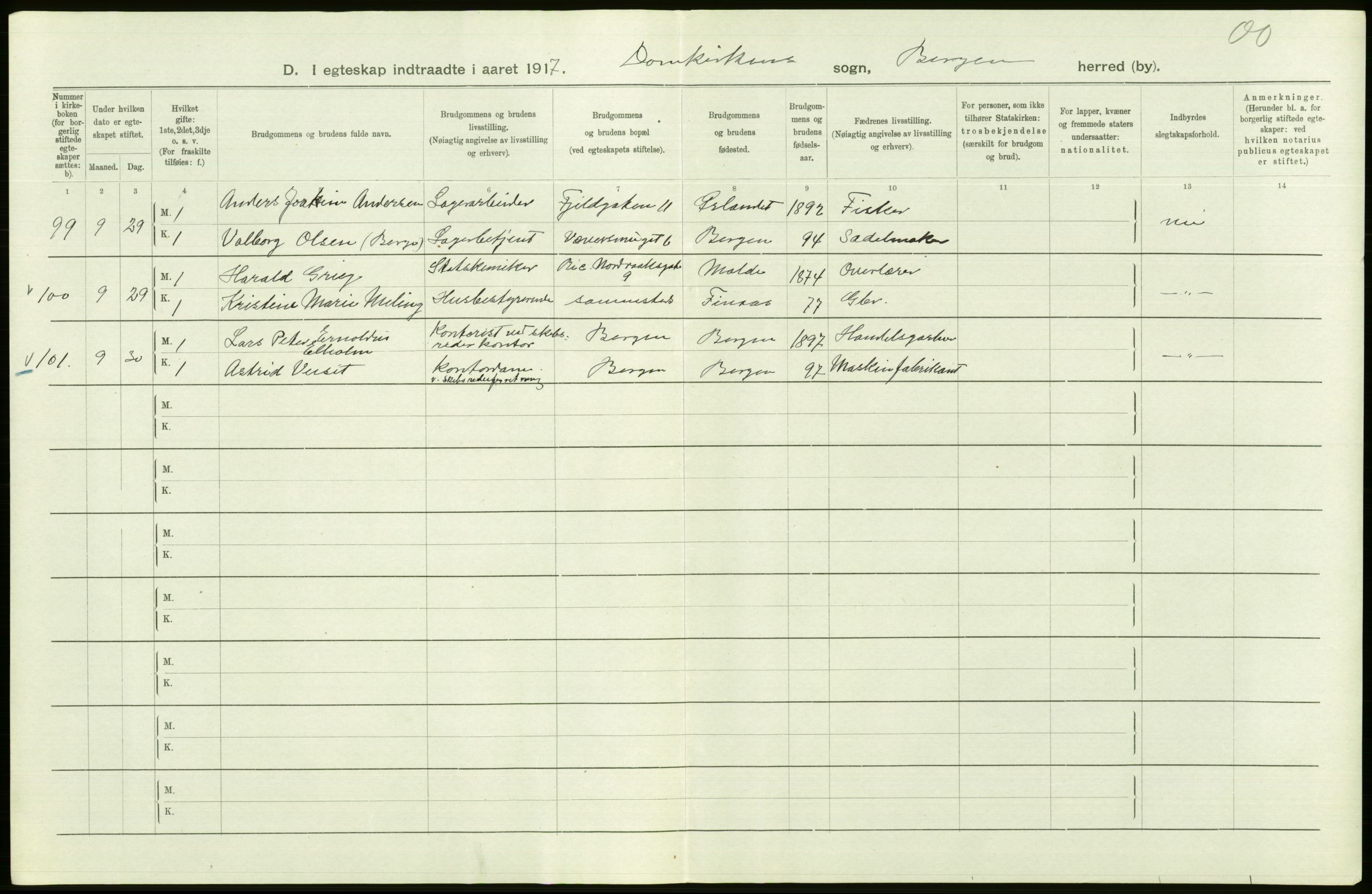 Statistisk sentralbyrå, Sosiodemografiske emner, Befolkning, AV/RA-S-2228/D/Df/Dfb/Dfbg/L0038: Bergen: Gifte, døde, dødfødte., 1917, p. 26