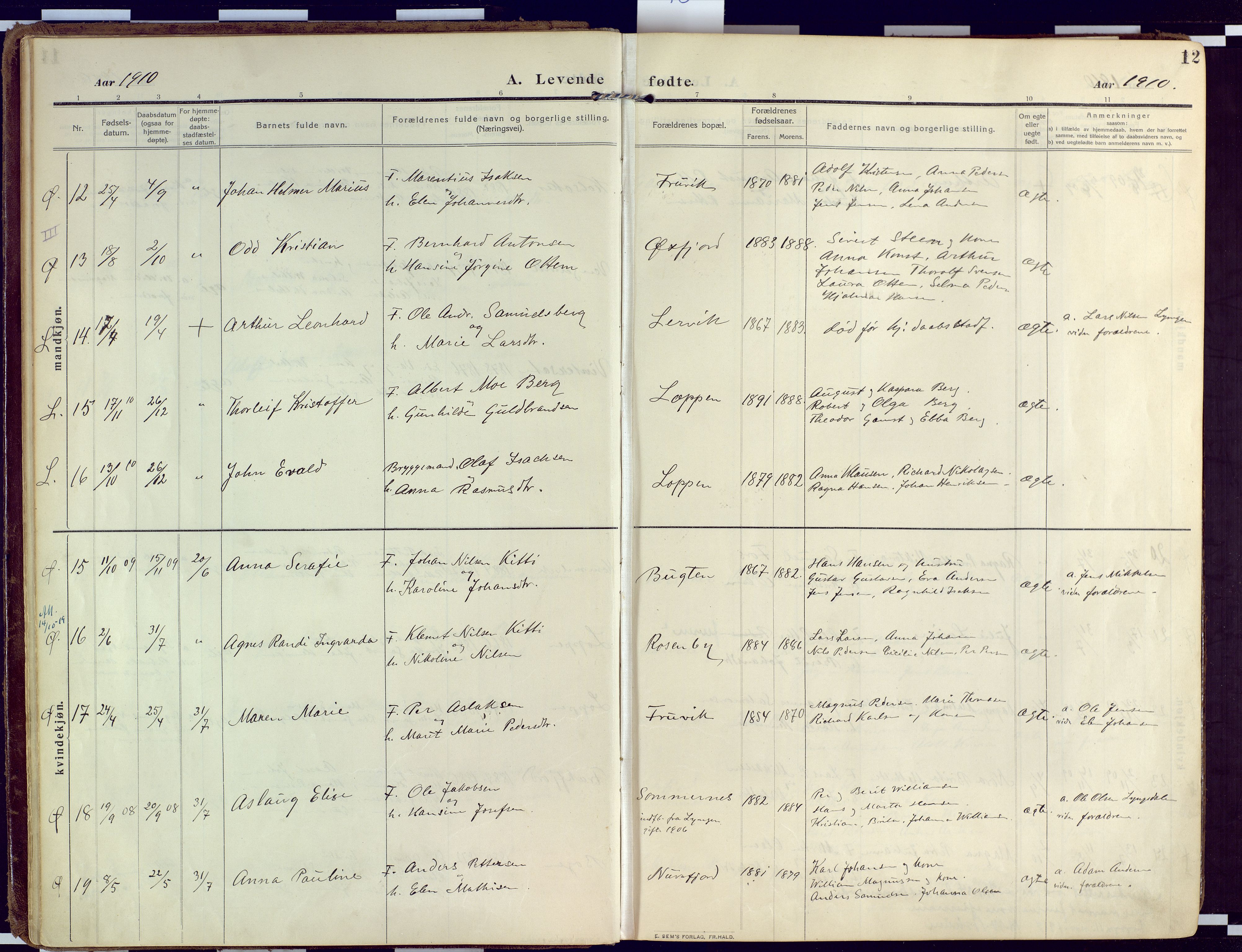 Loppa sokneprestkontor, SATØ/S-1339/H/Ha/L0011kirke: Parish register (official) no. 11, 1909-1919, p. 12