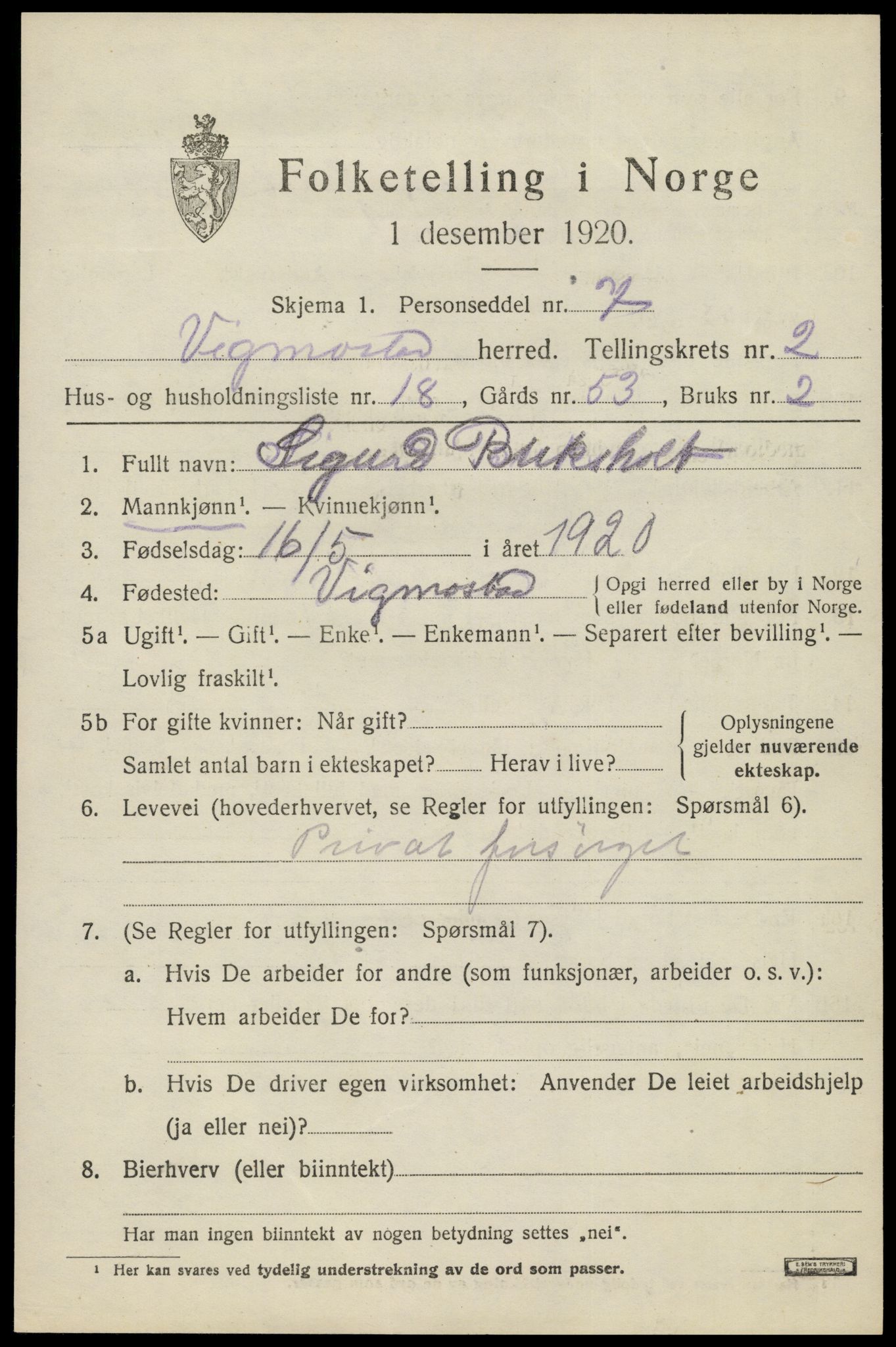 SAK, 1920 census for Vigmostad, 1920, p. 811