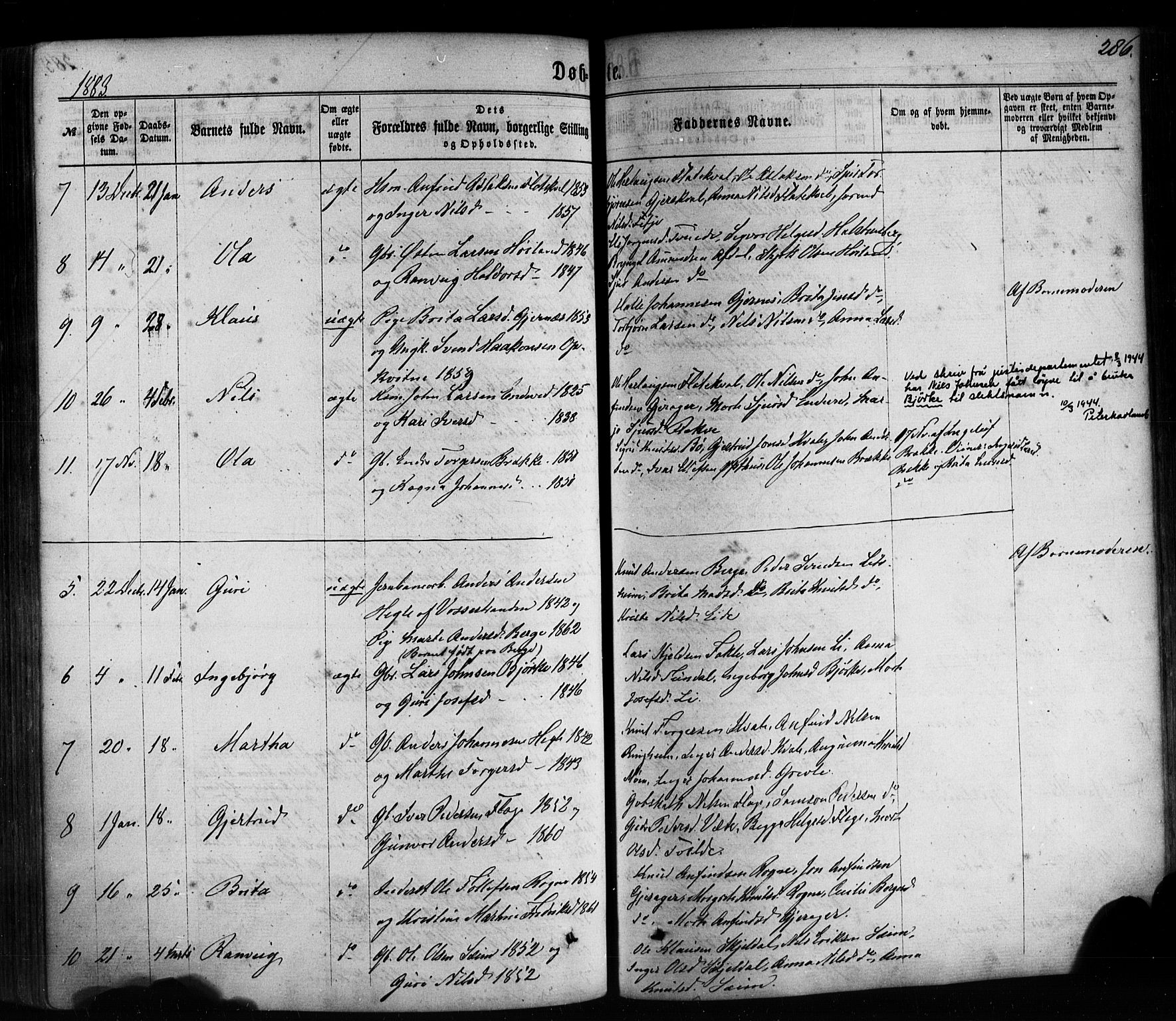 Voss sokneprestembete, SAB/A-79001/H/Haa: Parish register (official) no. A 17, 1863-1886, p. 286