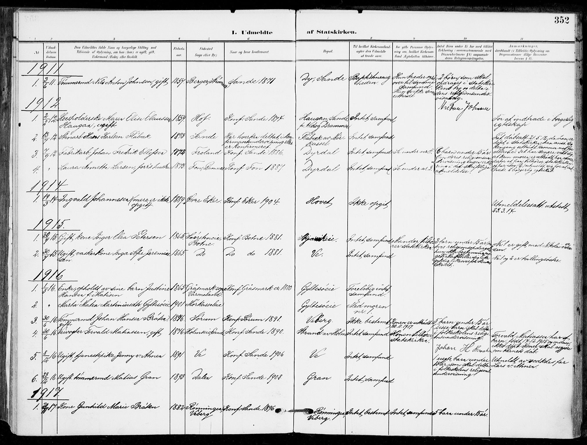 Sande Kirkebøker, AV/SAKO-A-53/F/Fa/L0008: Parish register (official) no. 8, 1904-1921, p. 352