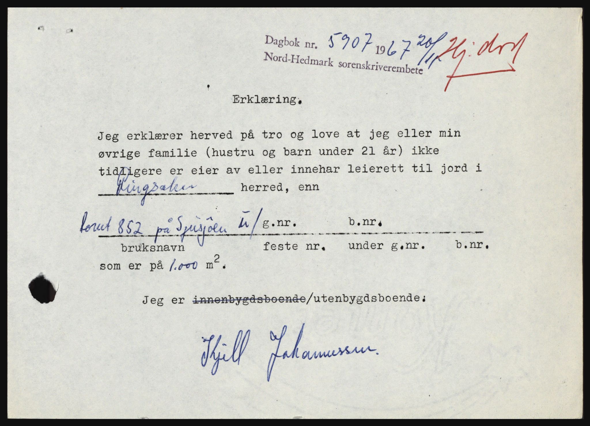 Nord-Hedmark sorenskriveri, SAH/TING-012/H/Hc/L0027: Mortgage book no. 27, 1967-1968, Diary no: : 5907/1967