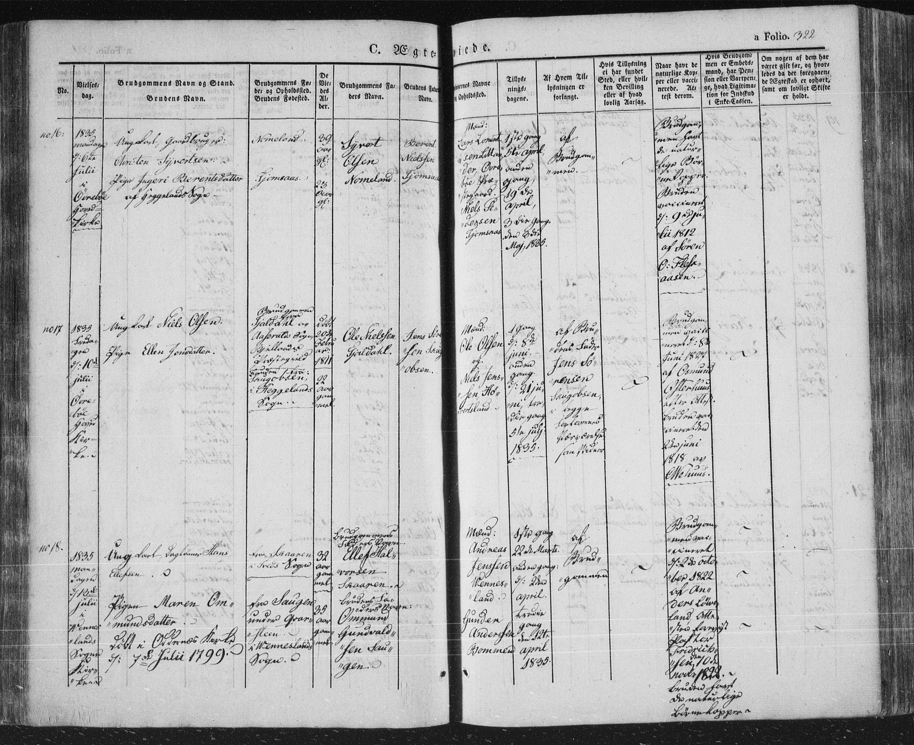 Vennesla sokneprestkontor, AV/SAK-1111-0045/Fa/Fac/L0004: Parish register (official) no. A 4, 1834-1855, p. 322