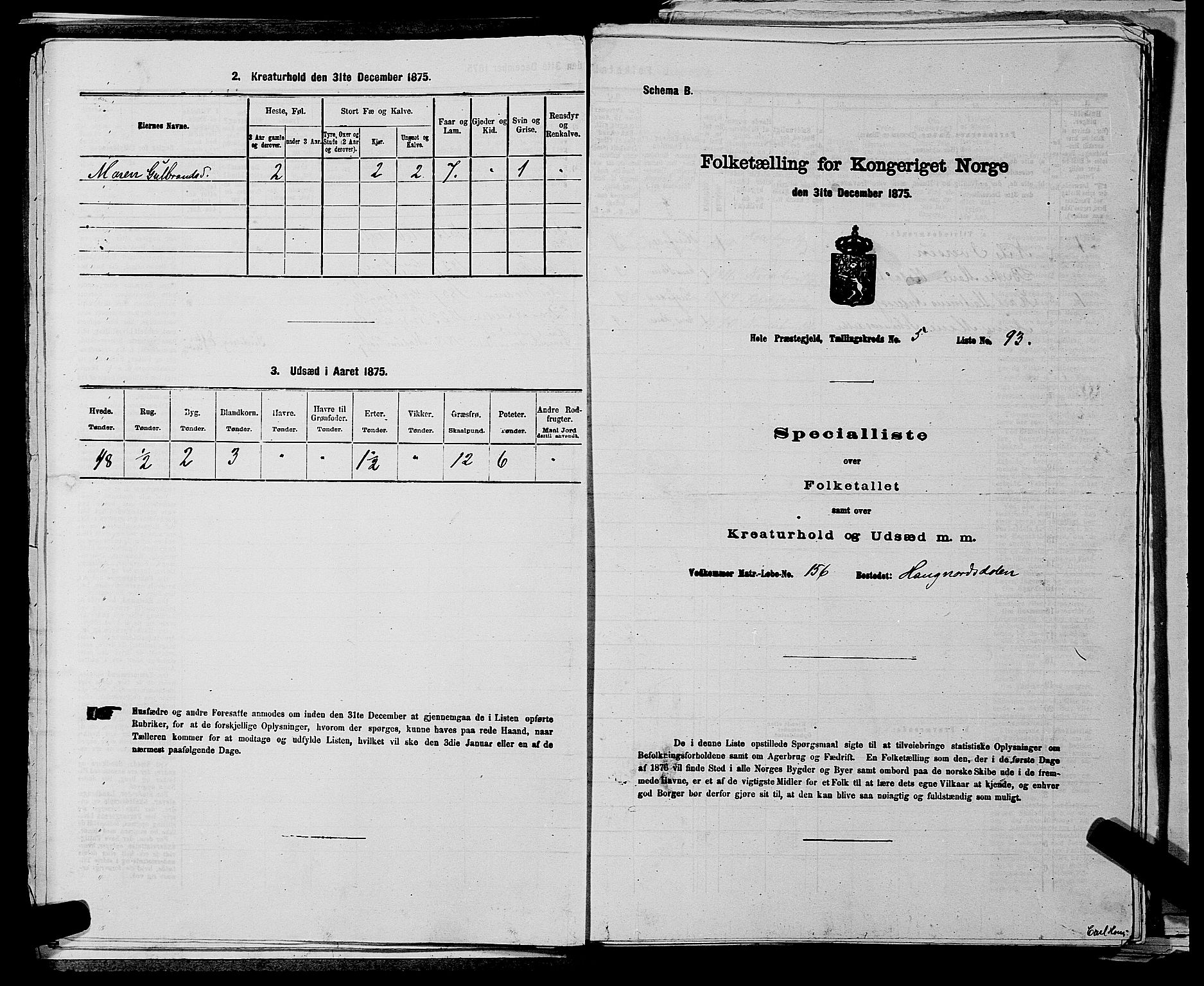 SAKO, 1875 census for 0612P Hole, 1875, p. 1050