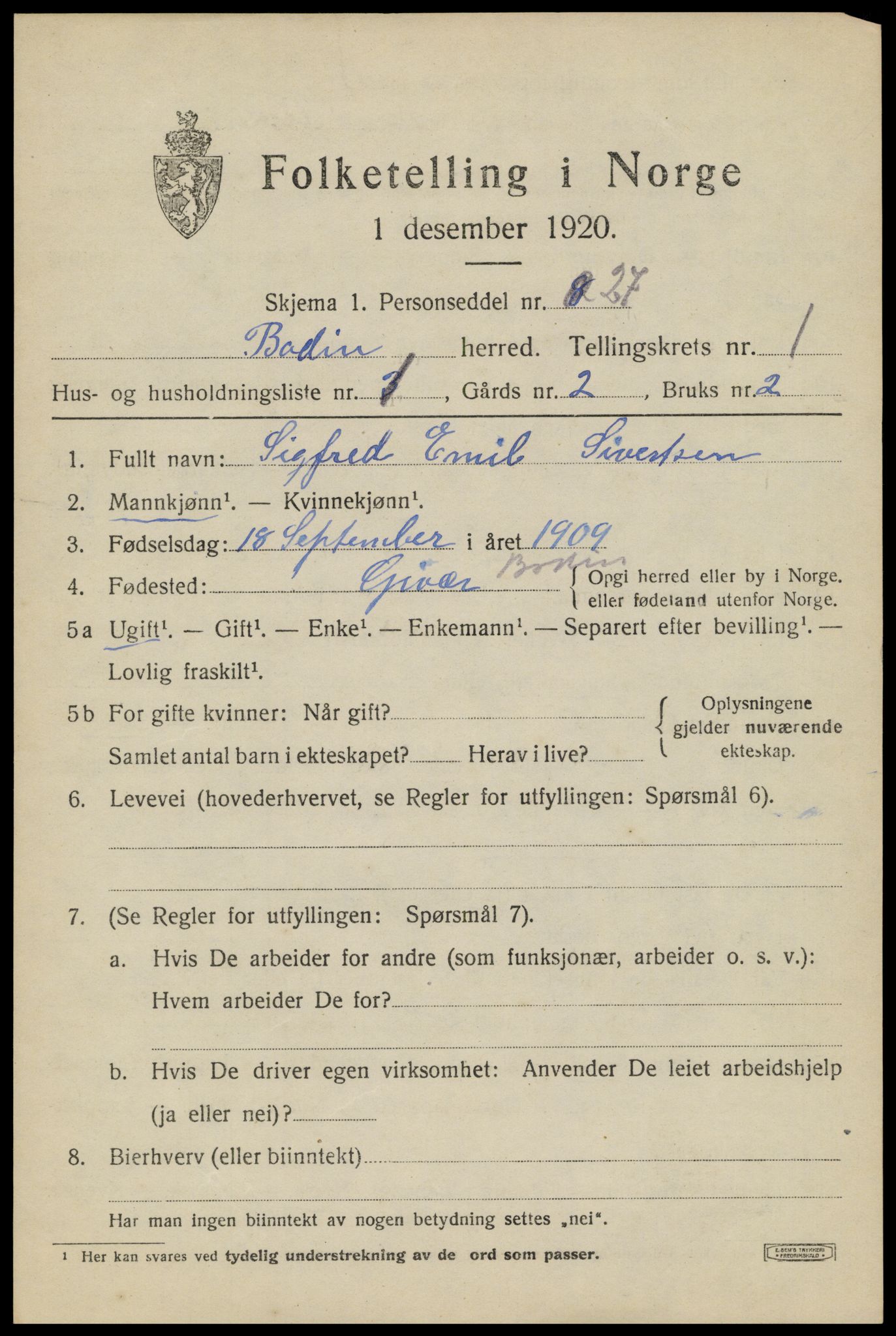 SAT, 1920 census for Bodin, 1920, p. 1920