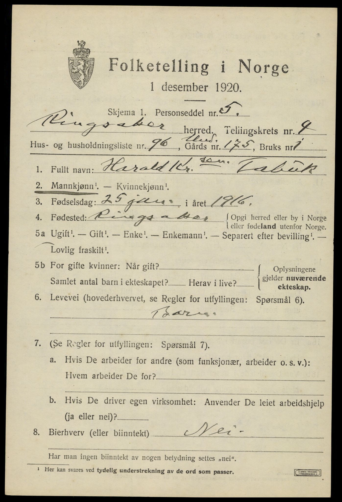 SAH, 1920 census for Ringsaker, 1920, p. 9690