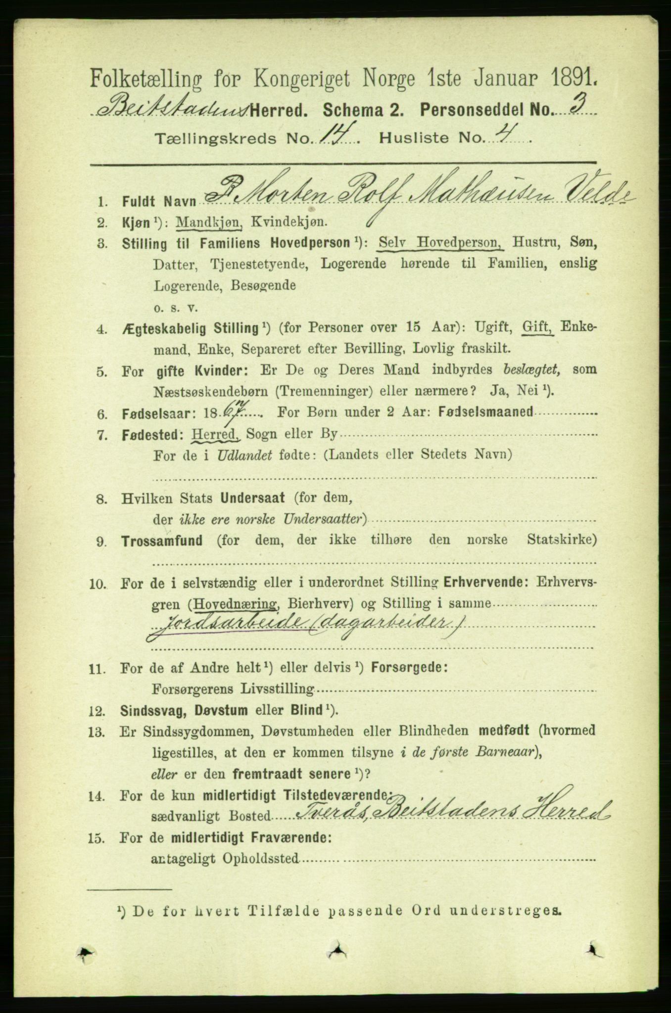 RA, 1891 census for 1727 Beitstad, 1891, p. 3864