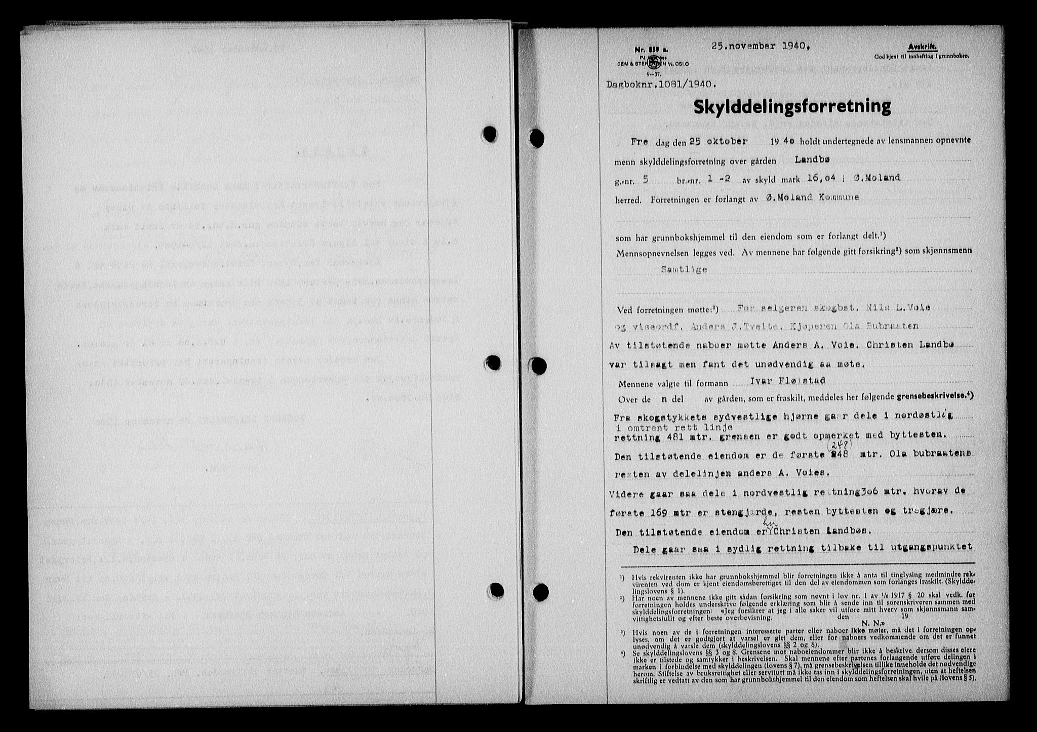 Nedenes sorenskriveri, AV/SAK-1221-0006/G/Gb/Gba/L0048: Mortgage book no. A-II, 1940-1941, Diary no: : 1081/1940