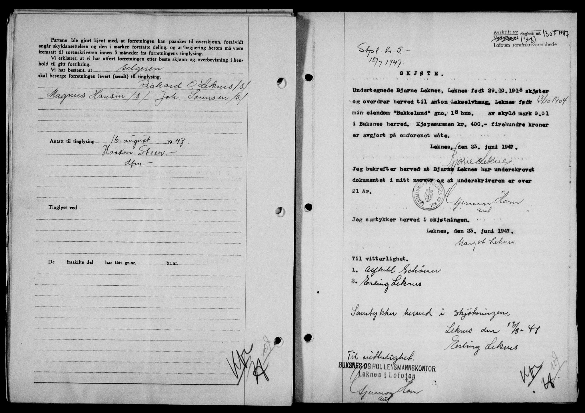 Lofoten sorenskriveri, SAT/A-0017/1/2/2C/L0016a: Mortgage book no. 16a, 1947-1947, Diary no: : 1307/1947