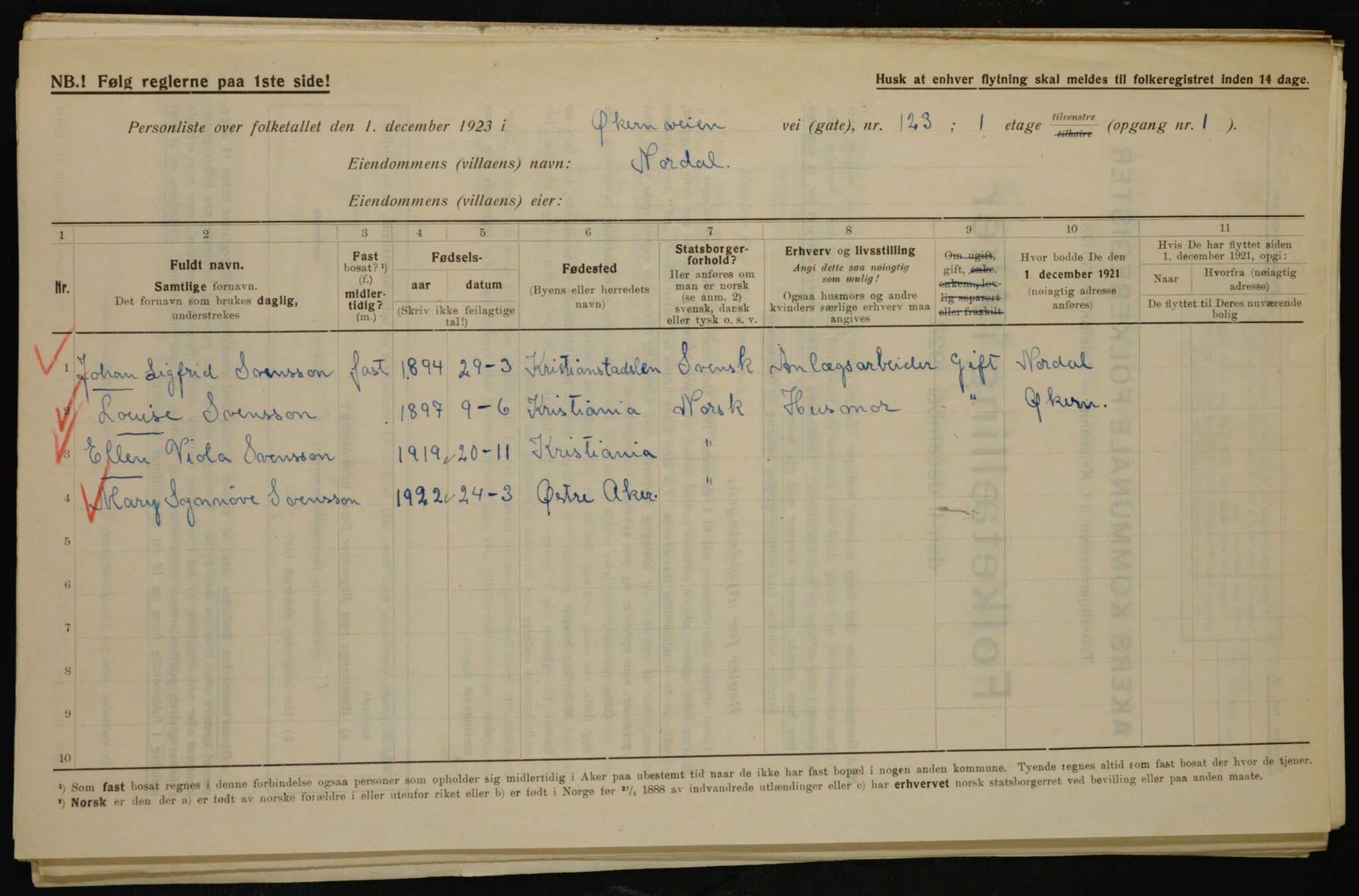 , Municipal Census 1923 for Aker, 1923, p. 35625