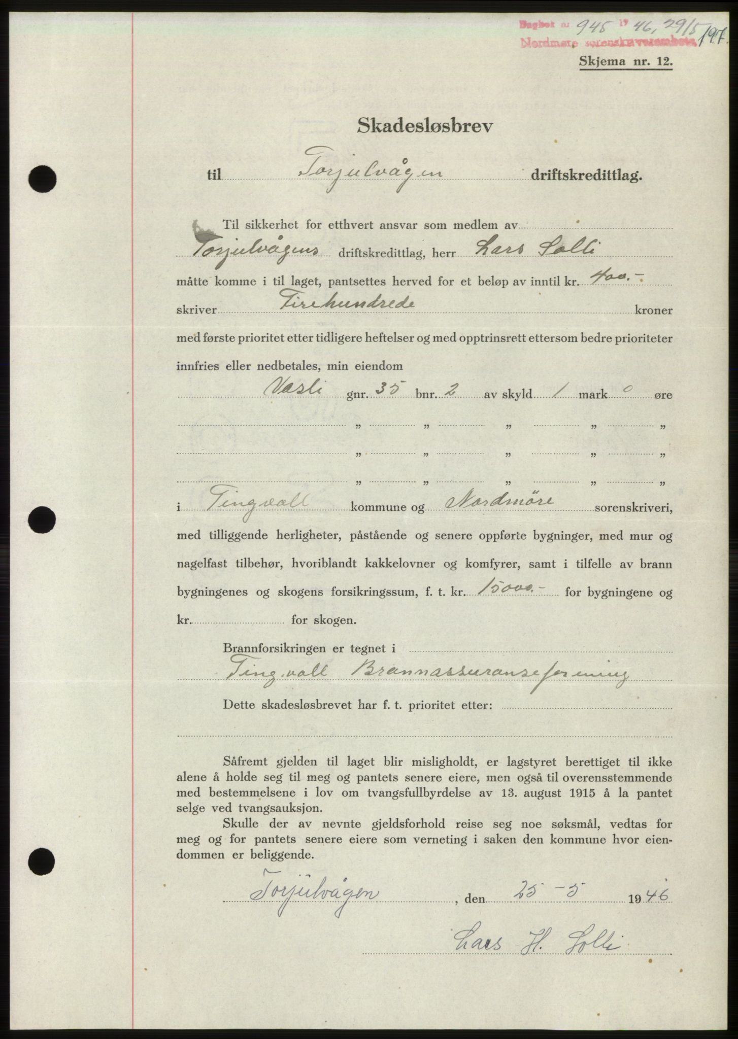 Nordmøre sorenskriveri, AV/SAT-A-4132/1/2/2Ca: Mortgage book no. B94, 1946-1946, Diary no: : 945/1946