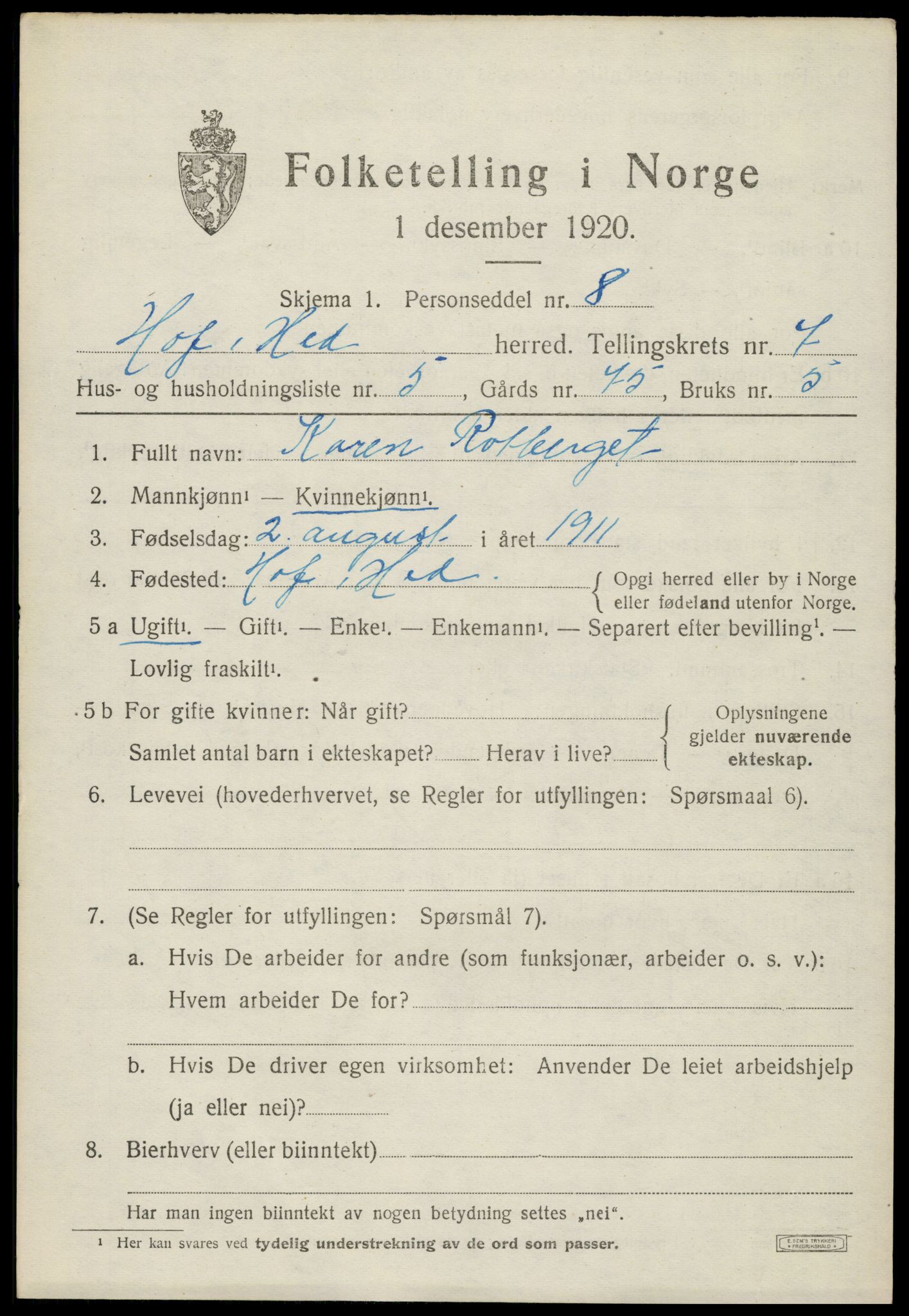 SAH, 1920 census for Hof, 1920, p. 7961