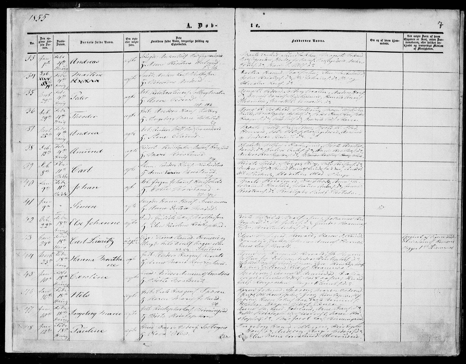 Eiker kirkebøker, SAKO/A-4/F/Fa/L0015a: Parish register (official) no. I 15A, 1854-1860, p. 7