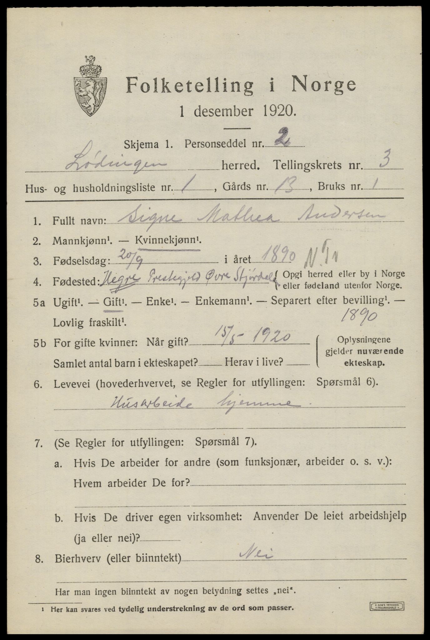 SAT, 1920 census for Lødingen, 1920, p. 2071