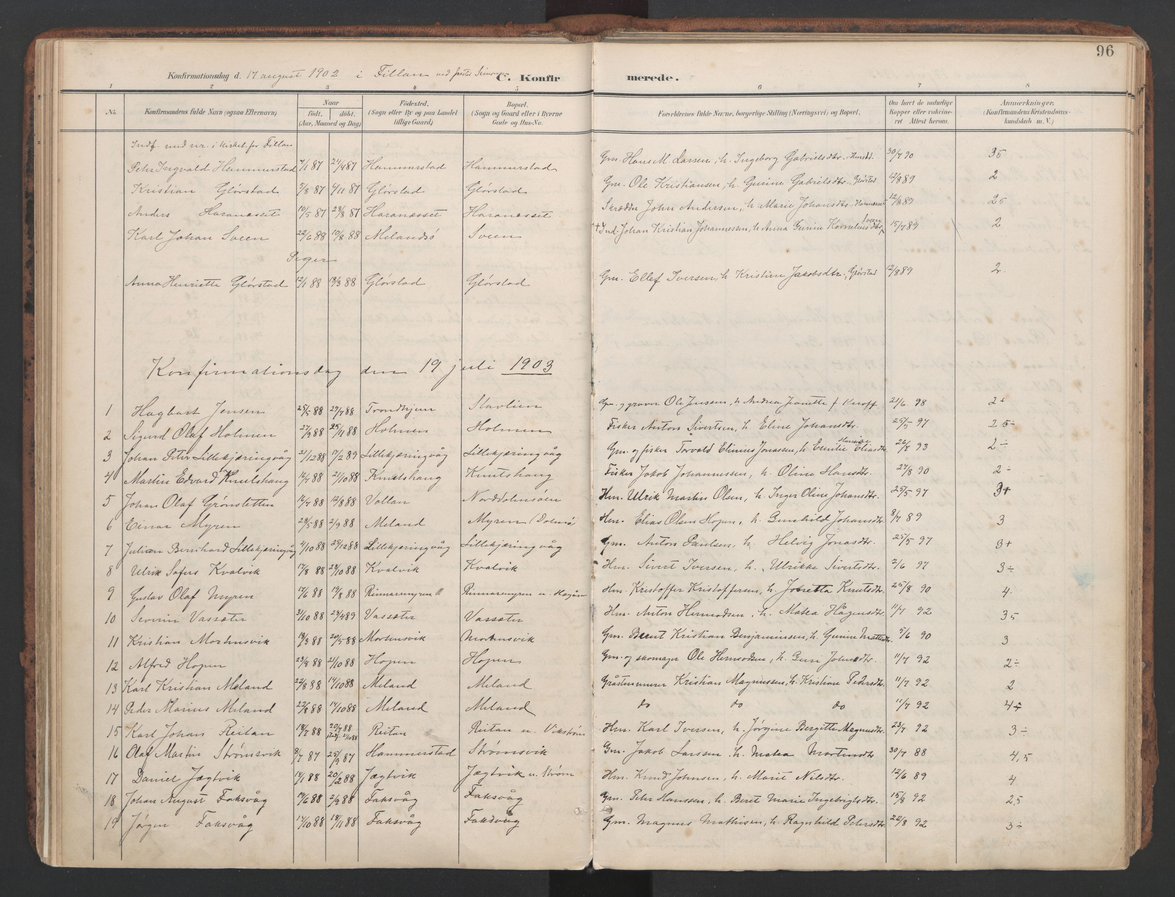 Ministerialprotokoller, klokkerbøker og fødselsregistre - Sør-Trøndelag, SAT/A-1456/634/L0537: Parish register (official) no. 634A13, 1896-1922, p. 96