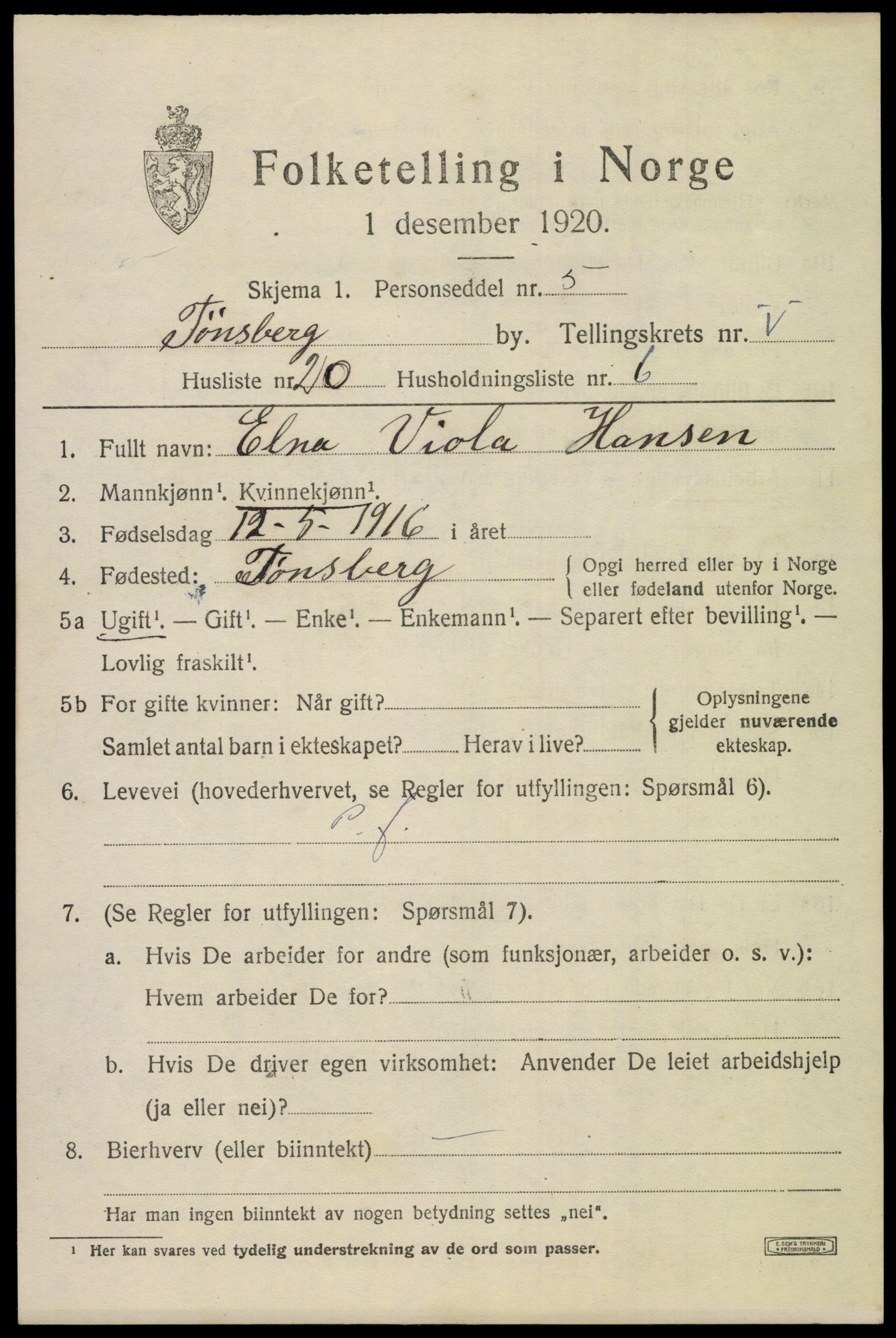 SAKO, 1920 census for Tønsberg, 1920, p. 13777