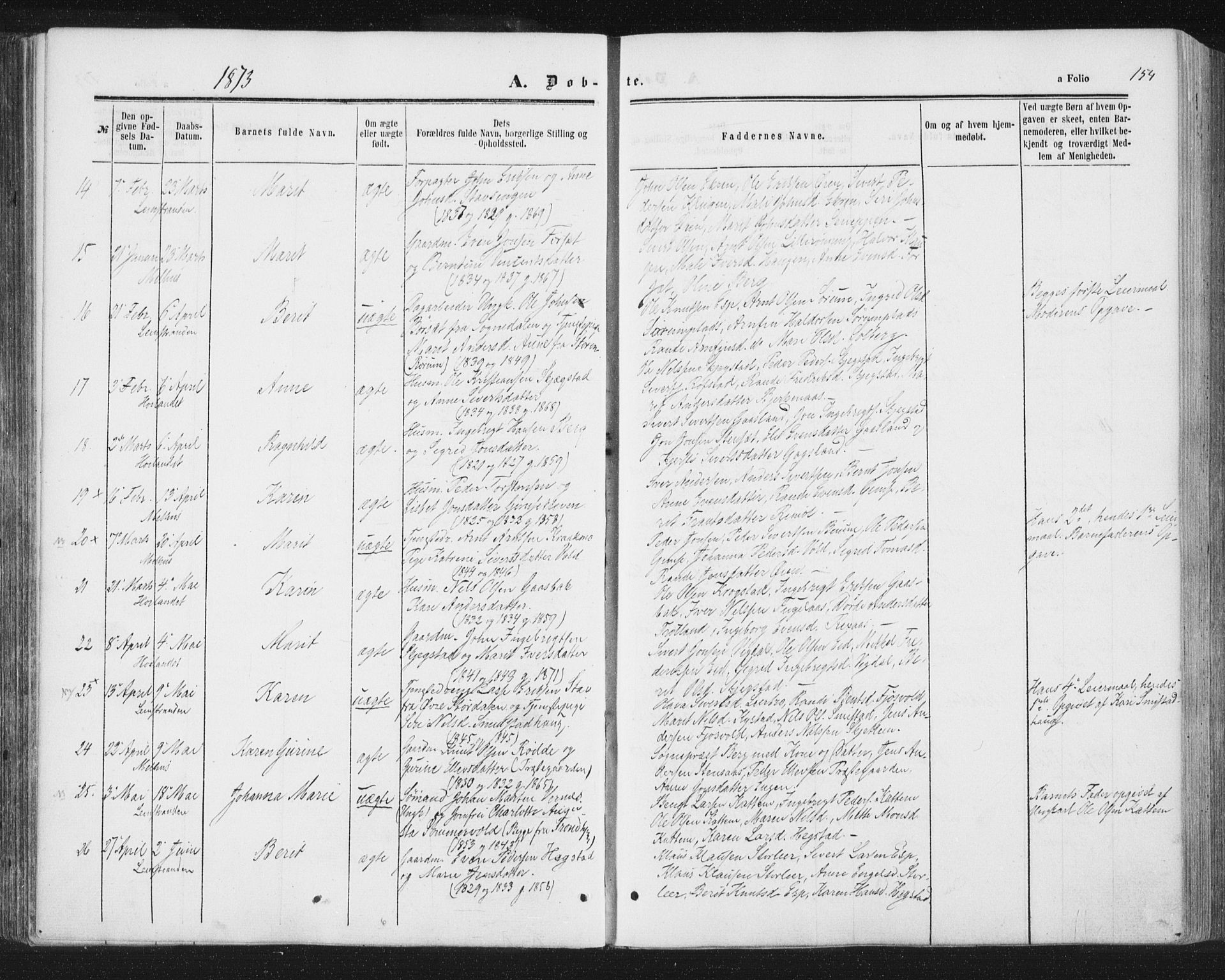 Ministerialprotokoller, klokkerbøker og fødselsregistre - Sør-Trøndelag, AV/SAT-A-1456/691/L1077: Parish register (official) no. 691A09, 1862-1873, p. 154