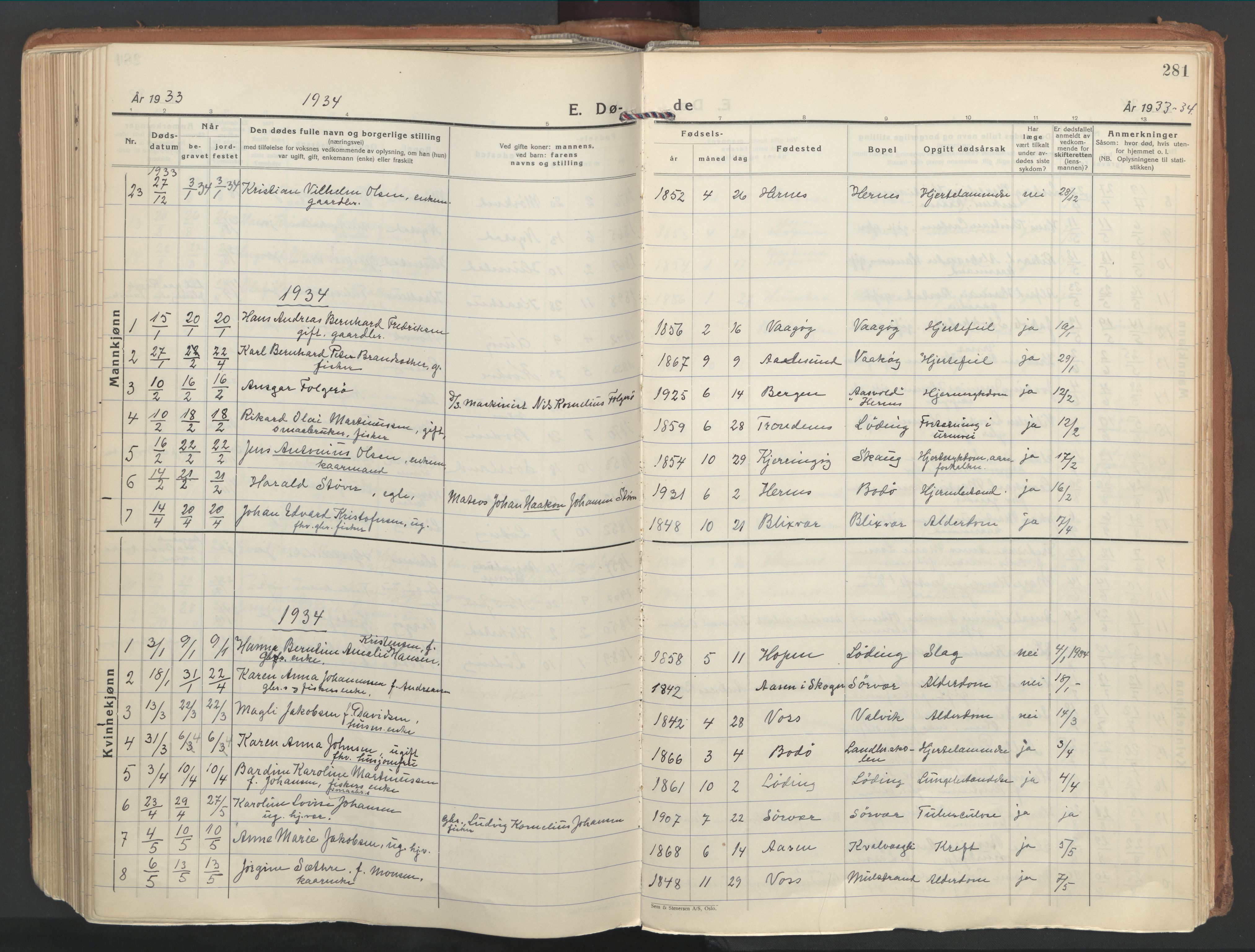 Ministerialprotokoller, klokkerbøker og fødselsregistre - Nordland, AV/SAT-A-1459/802/L0061: Parish register (official) no. 802A08, 1933-1946, p. 281