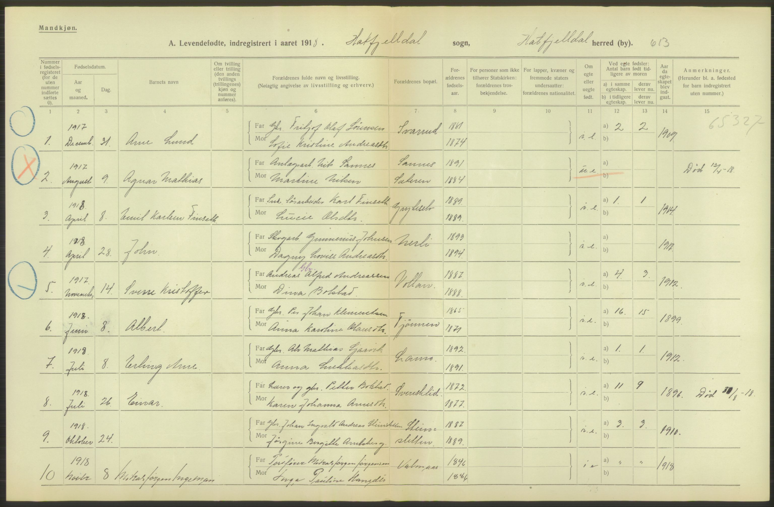 Statistisk sentralbyrå, Sosiodemografiske emner, Befolkning, AV/RA-S-2228/D/Df/Dfb/Dfbh/L0052: Nordland fylke: Levendefødte menn og kvinner. Bygder., 1918, p. 70