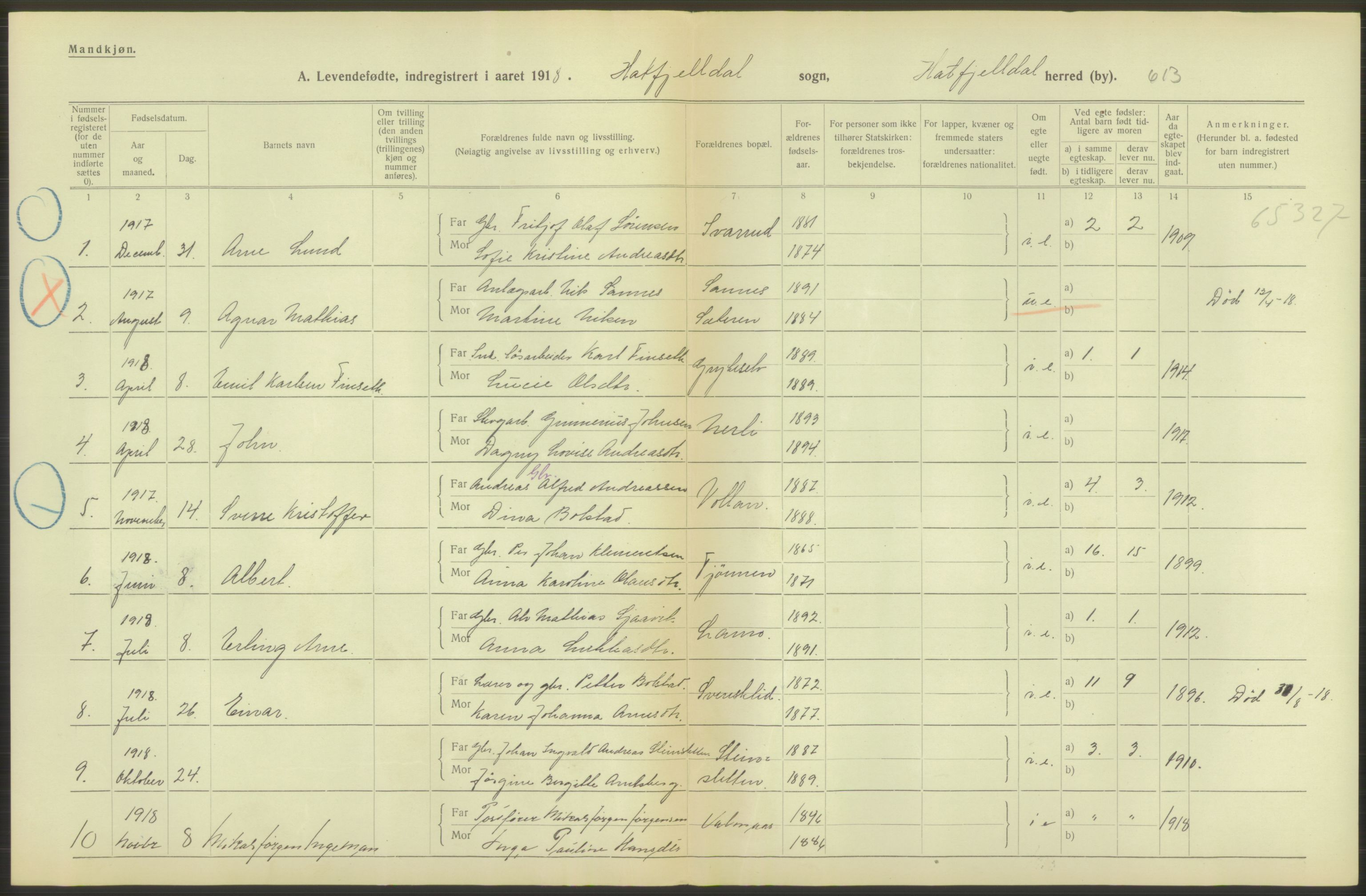 Statistisk sentralbyrå, Sosiodemografiske emner, Befolkning, RA/S-2228/D/Df/Dfb/Dfbh/L0052: Nordland fylke: Levendefødte menn og kvinner. Bygder., 1918, p. 70