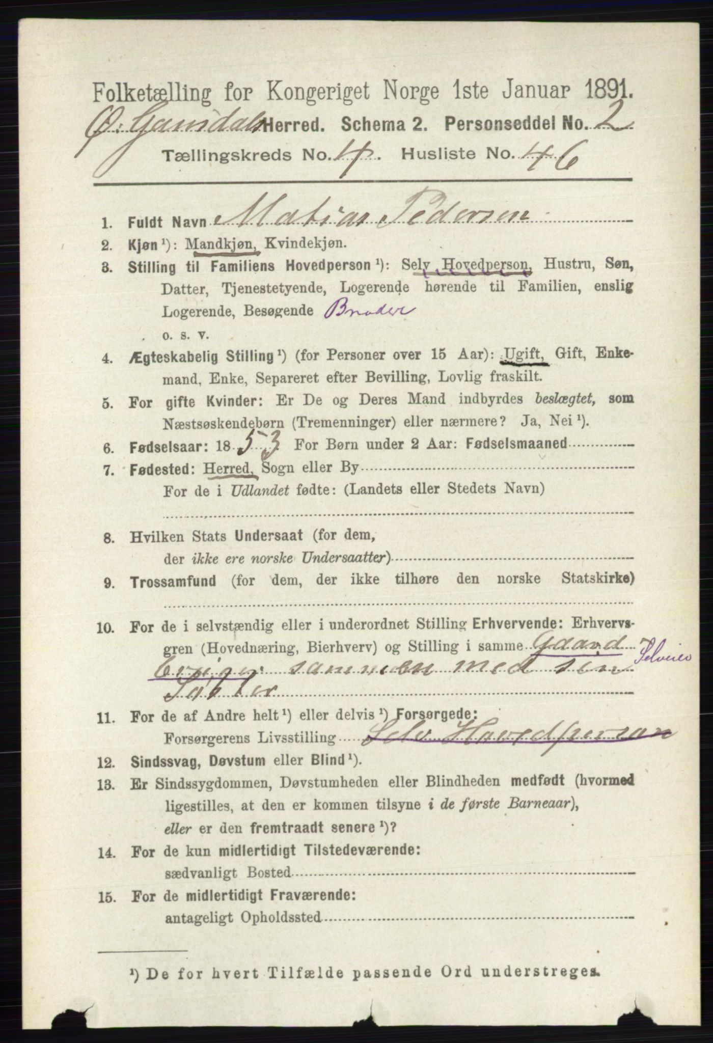 RA, 1891 census for 0522 Østre Gausdal, 1891, p. 2805