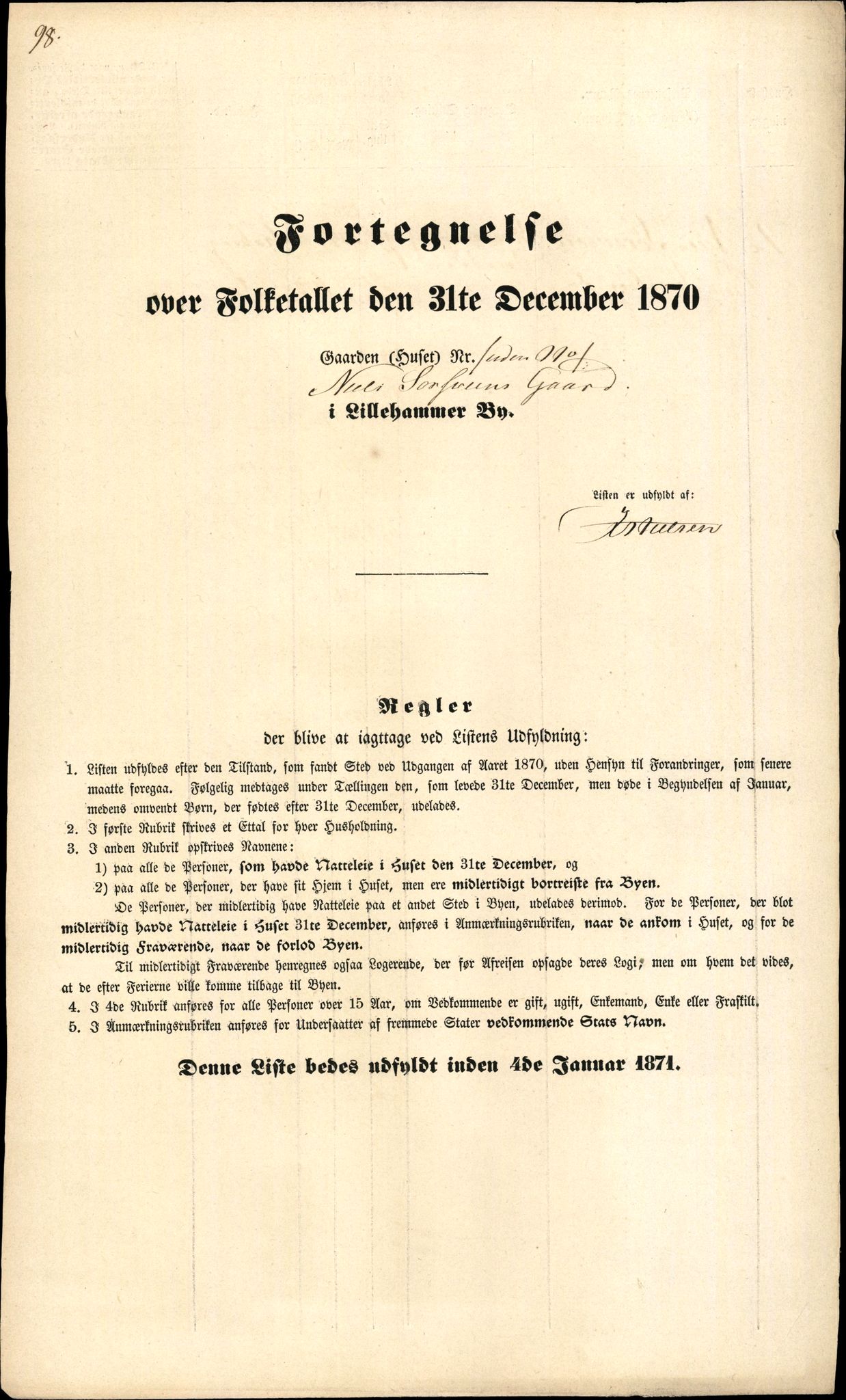 RA, 1870 census for 0501 Lillehammer, 1870, p. 98