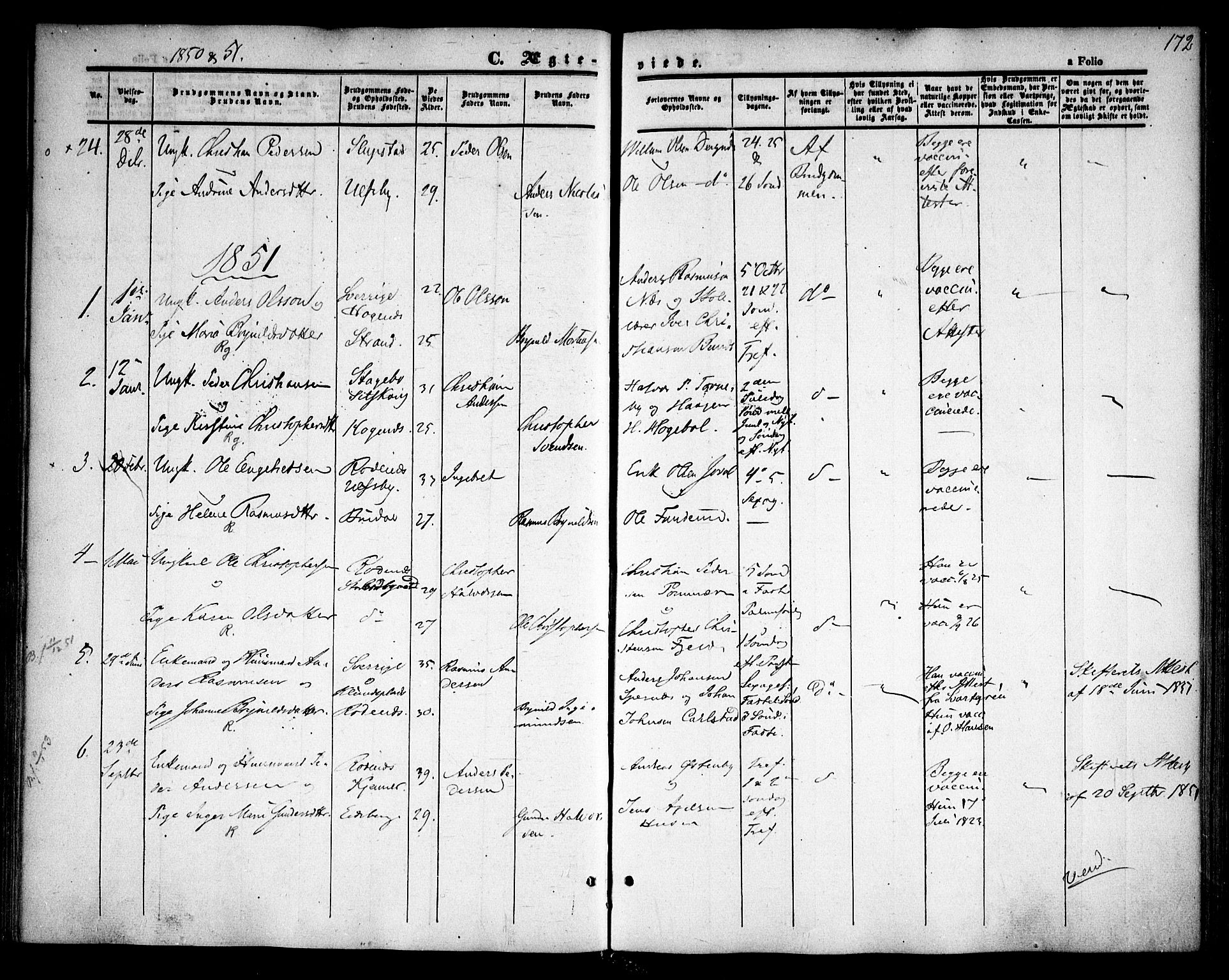 Rødenes prestekontor Kirkebøker, AV/SAO-A-2005/F/Fa/L0006: Parish register (official) no. I 6, 1850-1859, p. 172