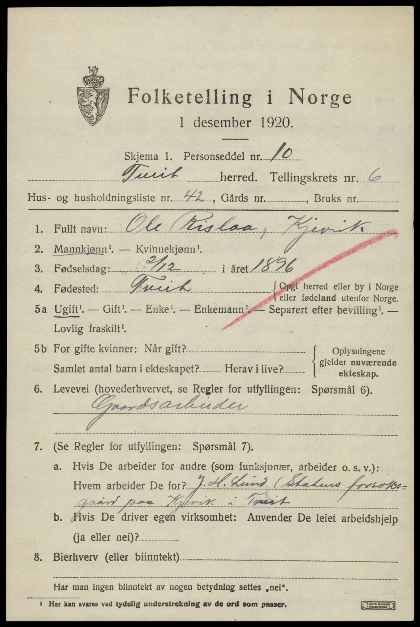 SAK, 1920 census for Tveit, 1920, p. 3164