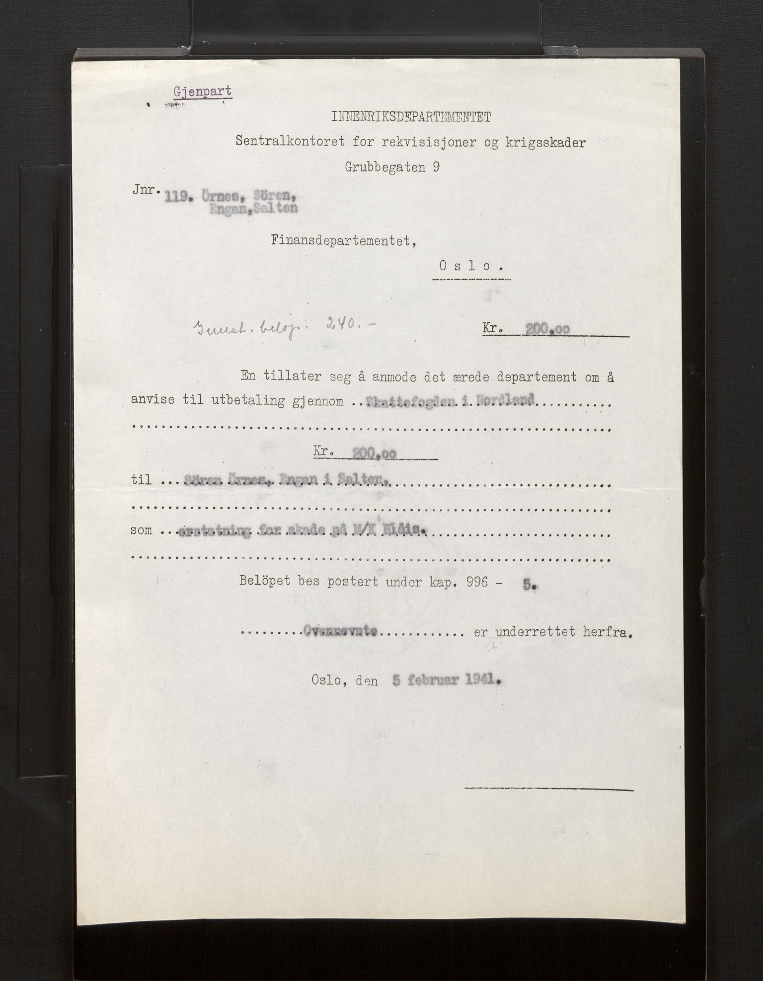 Fiskeridirektoratet - 1 Adm. ledelse - 13 Båtkontoret, AV/SAB-A-2003/La/L0008: Statens krigsforsikring for fiskeflåten, 1936-1971, p. 127