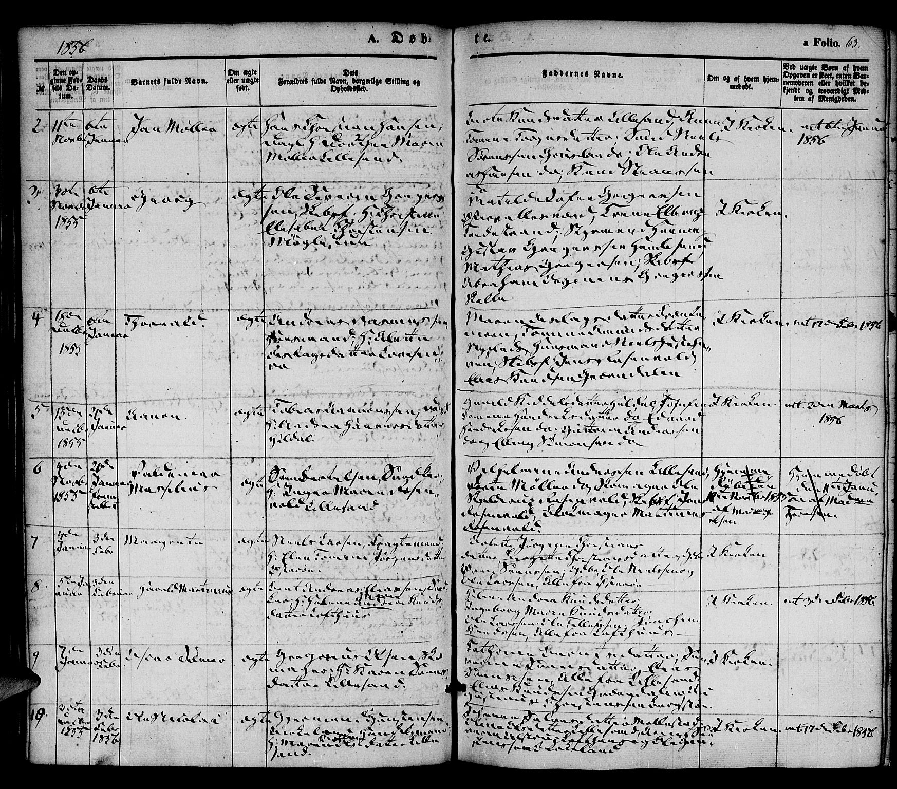 Vestre Moland sokneprestkontor, AV/SAK-1111-0046/F/Fa/Fab/L0006: Parish register (official) no. A 6, 1850-1858, p. 63