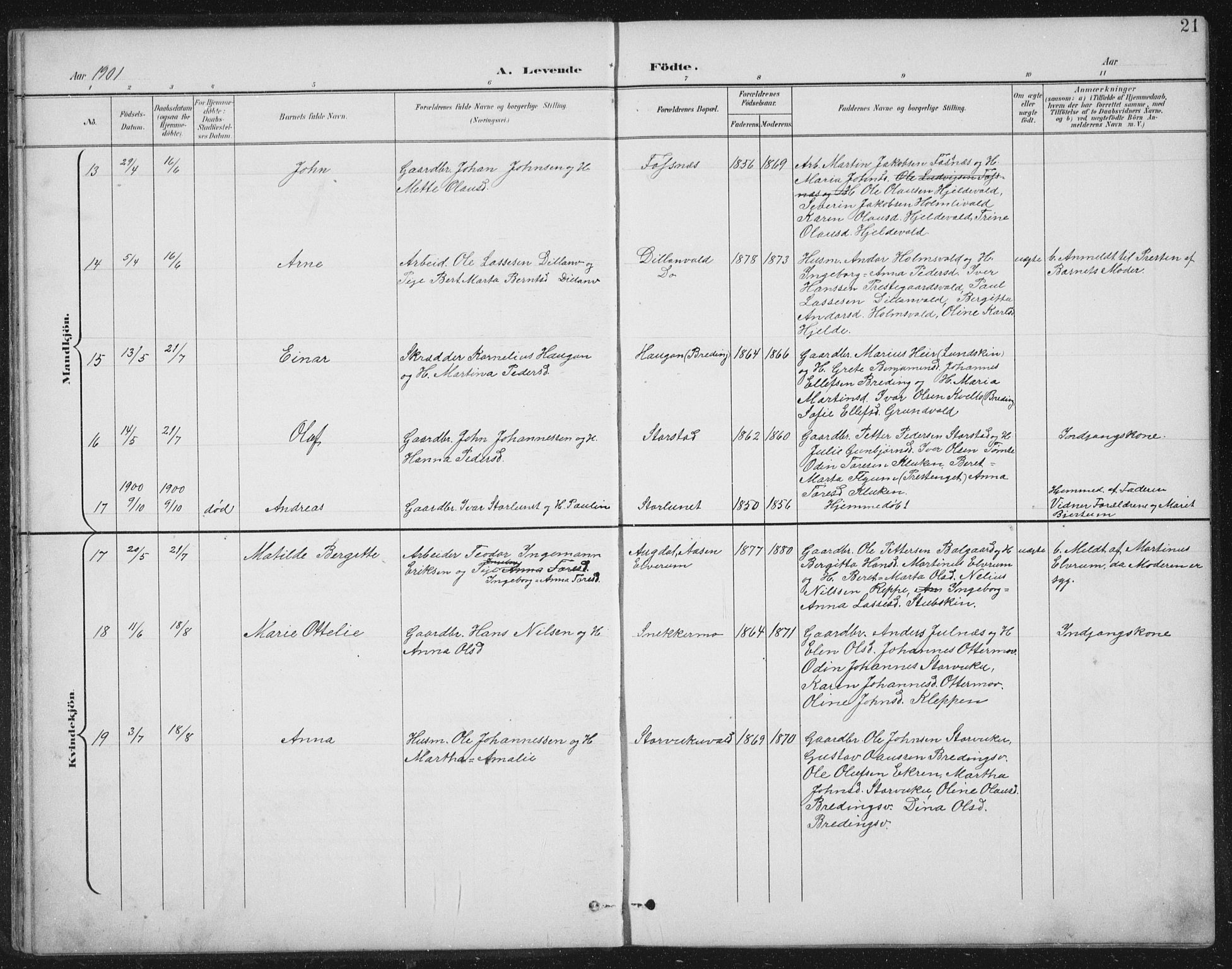 Ministerialprotokoller, klokkerbøker og fødselsregistre - Nord-Trøndelag, AV/SAT-A-1458/724/L0269: Parish register (copy) no. 724C05, 1899-1920, p. 21