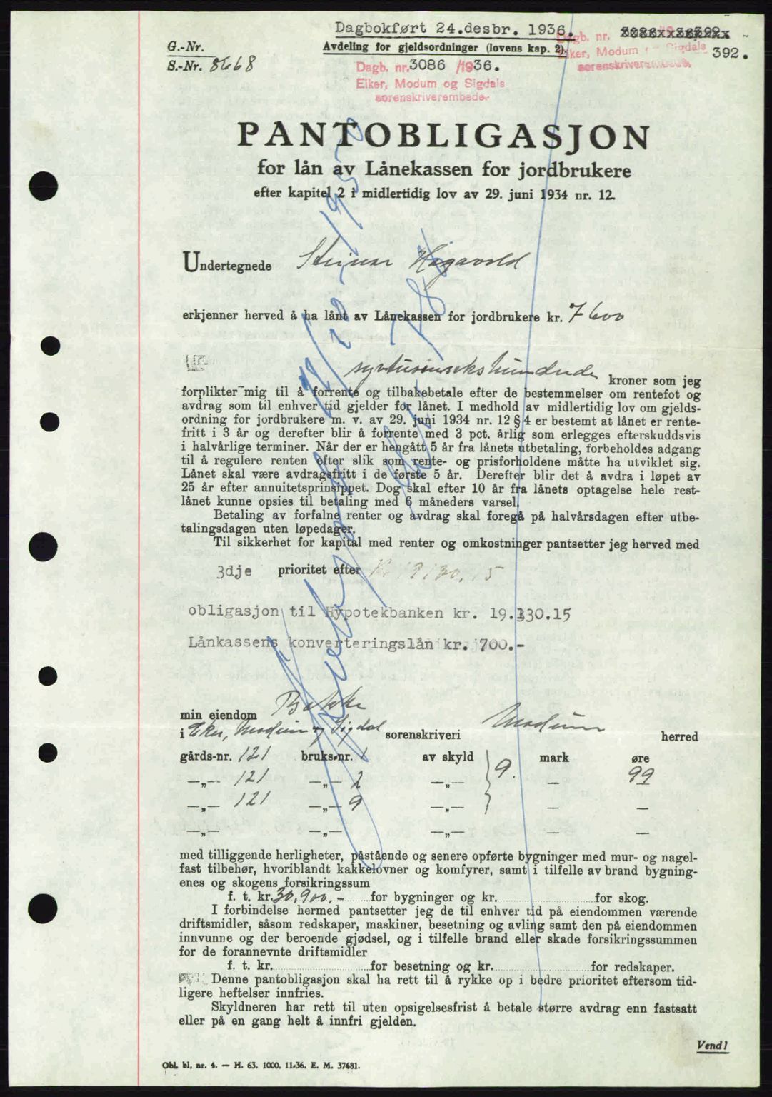 Eiker, Modum og Sigdal sorenskriveri, SAKO/A-123/G/Ga/Gab/L0034: Mortgage book no. A4, 1936-1937, Diary no: : 3086/1936